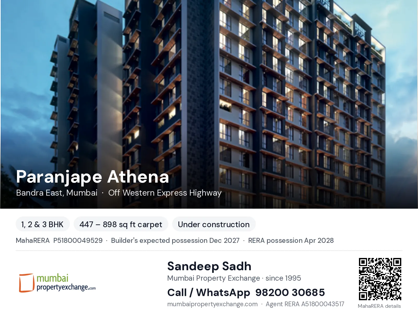 Paranjape Athena, Bandra East, Mumbai — 1, 2 & 3 BHK new project, builder's expected possession Dec 2027, RERA possession Apr 2028 | Mumbai Property Exchange, Sandeep Sadh 98200 30685