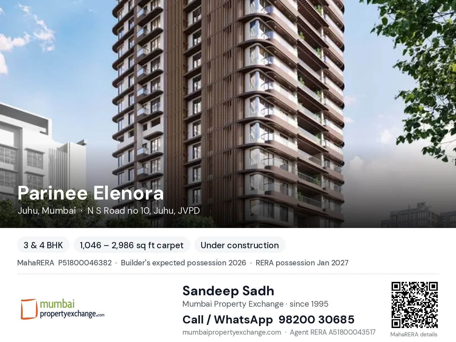 Parinee Elenora, Juhu, Mumbai — 3 & 4 BHK new project, builder's expected possession 2026, RERA possession Jan 2027 | Mumbai Property Exchange, Sandeep Sadh 98200 30685