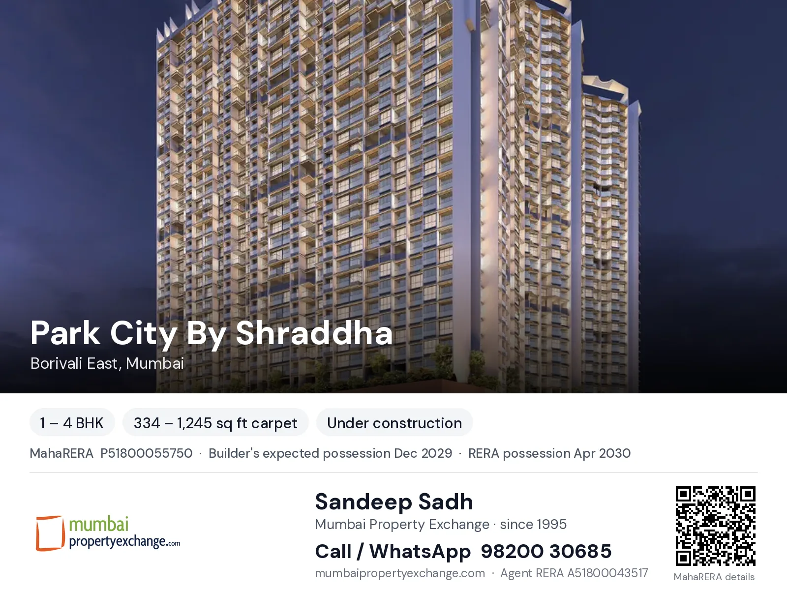 Park City By Shraddha, Borivali East, Mumbai — 1 – 4 BHK new project, builder's expected possession Dec 2029, RERA possession Apr 2030 | Mumbai Property Exchange, Sandeep Sadh 98200 30685