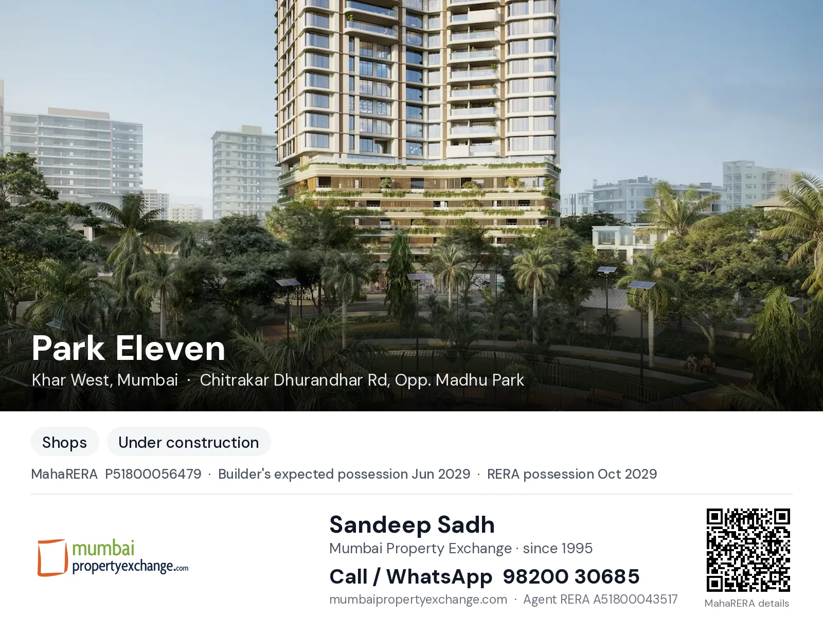 Park Eleven by S Raheja, Khar West, Mumbai — new project, builder's expected possession Jun 2029, RERA possession Oct 2029 | Mumbai Property Exchange, Sandeep Sadh 98200 30685