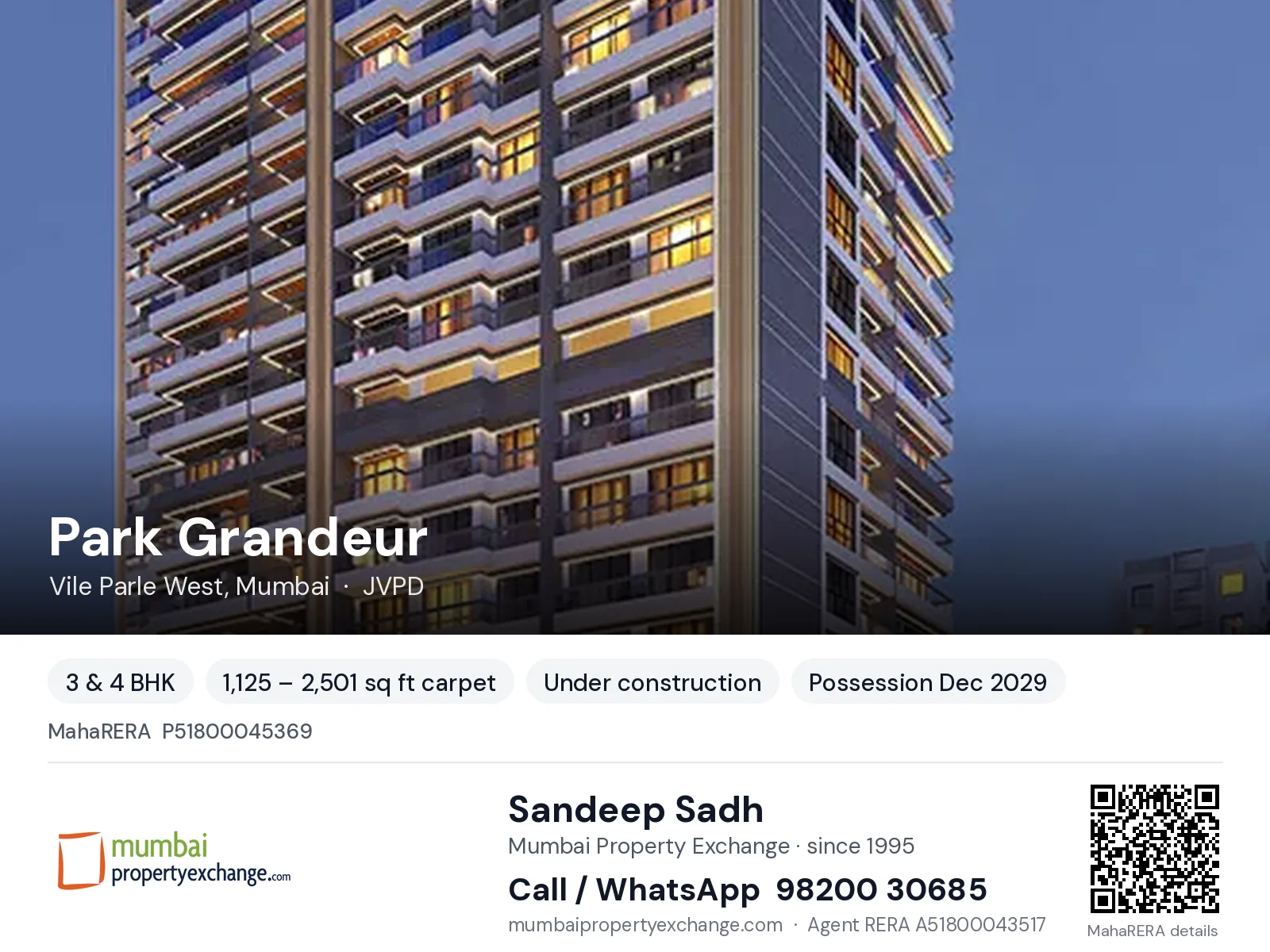 Park Grandeur by Shree Mahavir, Vile Parle West, Mumbai — 3 & 4 BHK new project, possession Dec 2029 | Mumbai Property Exchange, Sandeep Sadh 98200 30685