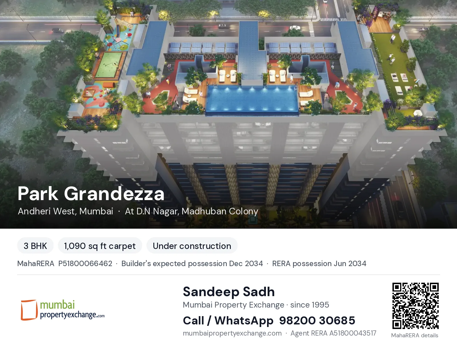 Park Grandezza by Shree Mahavir, Andheri West, Mumbai — 3 BHK new project, builder's expected possession Dec 2034, RERA possession Jun 2034 | Mumbai Property Exchange, Sandeep Sadh 98200 30685