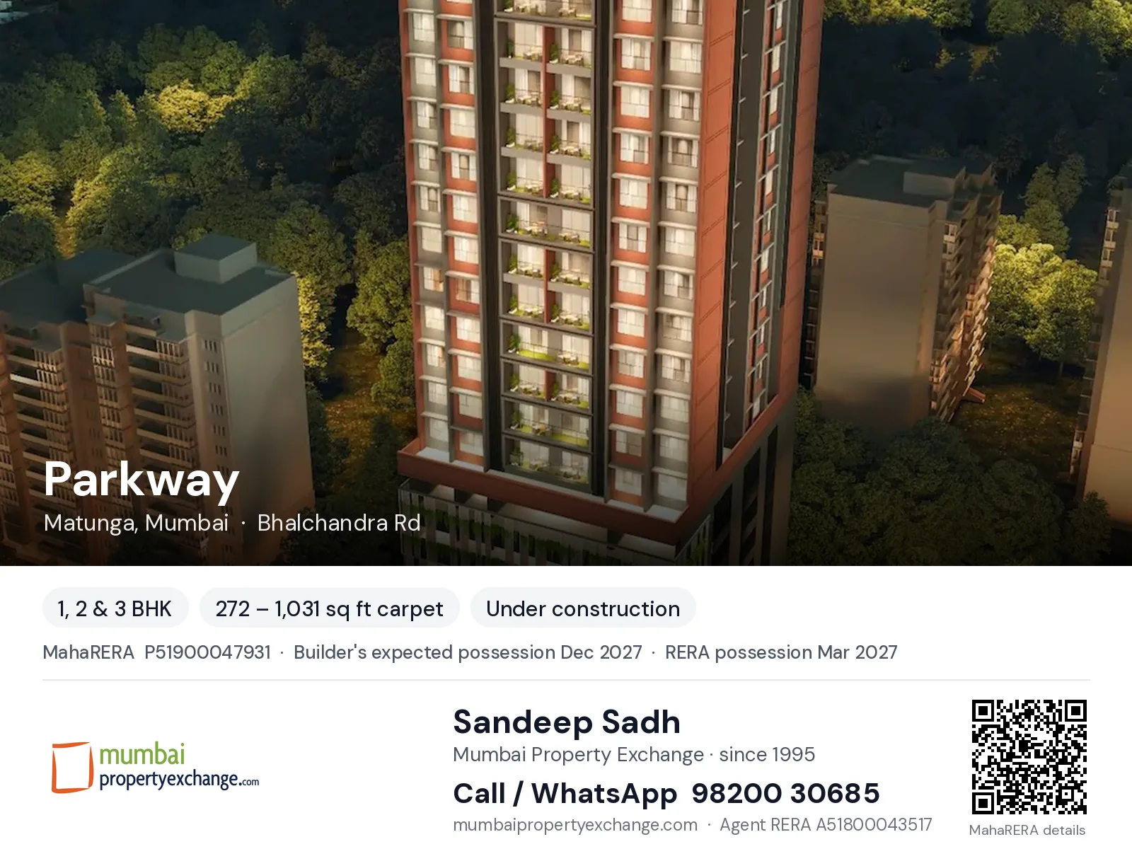 Parkway by Nandivardhan, Matunga, Mumbai — 1, 2 & 3 BHK new project, builder's expected possession Dec 2027, RERA possession Mar 2027 | Mumbai Property Exchange, Sandeep Sadh 98200 30685
