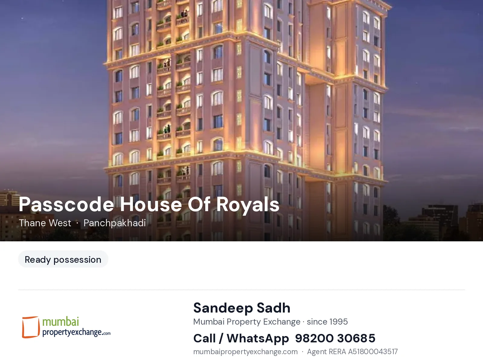 Passcode House Of Royals by Lakhanis, Thane West — ready-to-move project | Mumbai Property Exchange, Sandeep Sadh 98200 30685