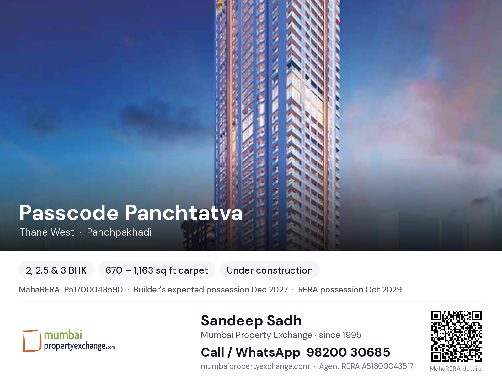 Passcode Panchtatva by Yuvan, Thane West — 2, 2.5 & 3 BHK new project, builder's expected possession Dec 2027, RERA possession Oct 2029 | Mumbai Property Exchange, Sandeep Sadh 98200 30685