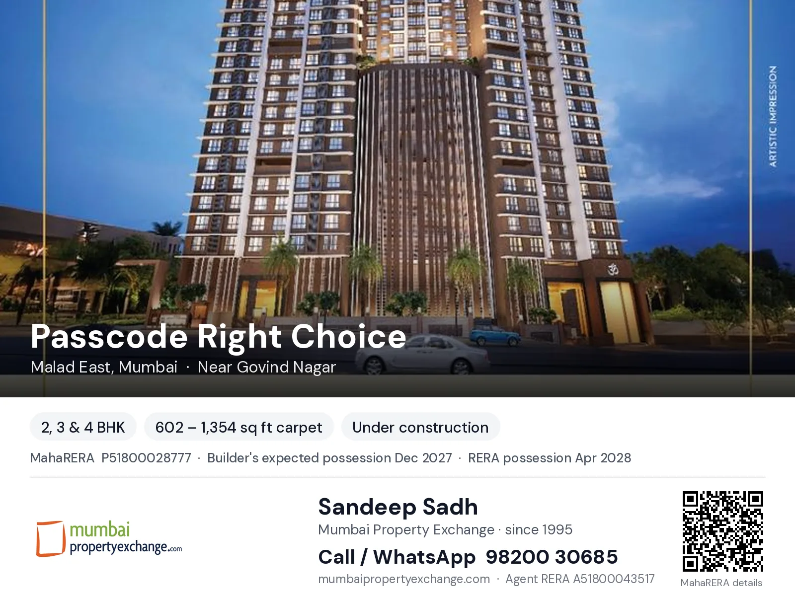 Passcode Right Choice, Malad East, Mumbai — 2, 3 & 4 BHK new project, builder's expected possession Dec 2027, RERA possession Apr 2028 | Mumbai Property Exchange, Sandeep Sadh 98200 30685