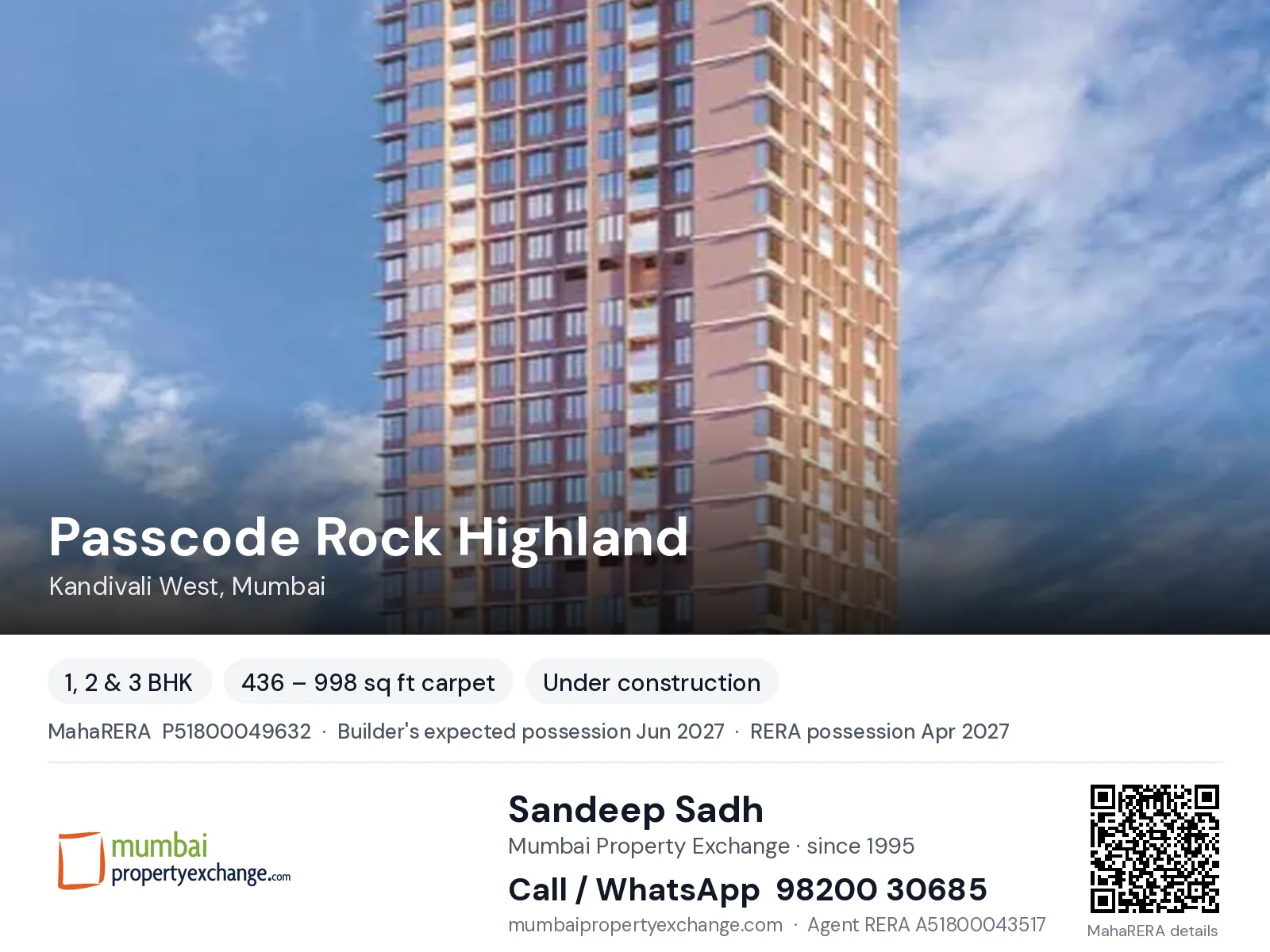Passcode Rock Highland by Origin, Kandivali West, Mumbai — 1, 2 & 3 BHK new project, builder's expected possession Jun 2027, RERA possession Apr 2027 | Mumbai Property Exchange, Sandeep Sadh 98200 30685