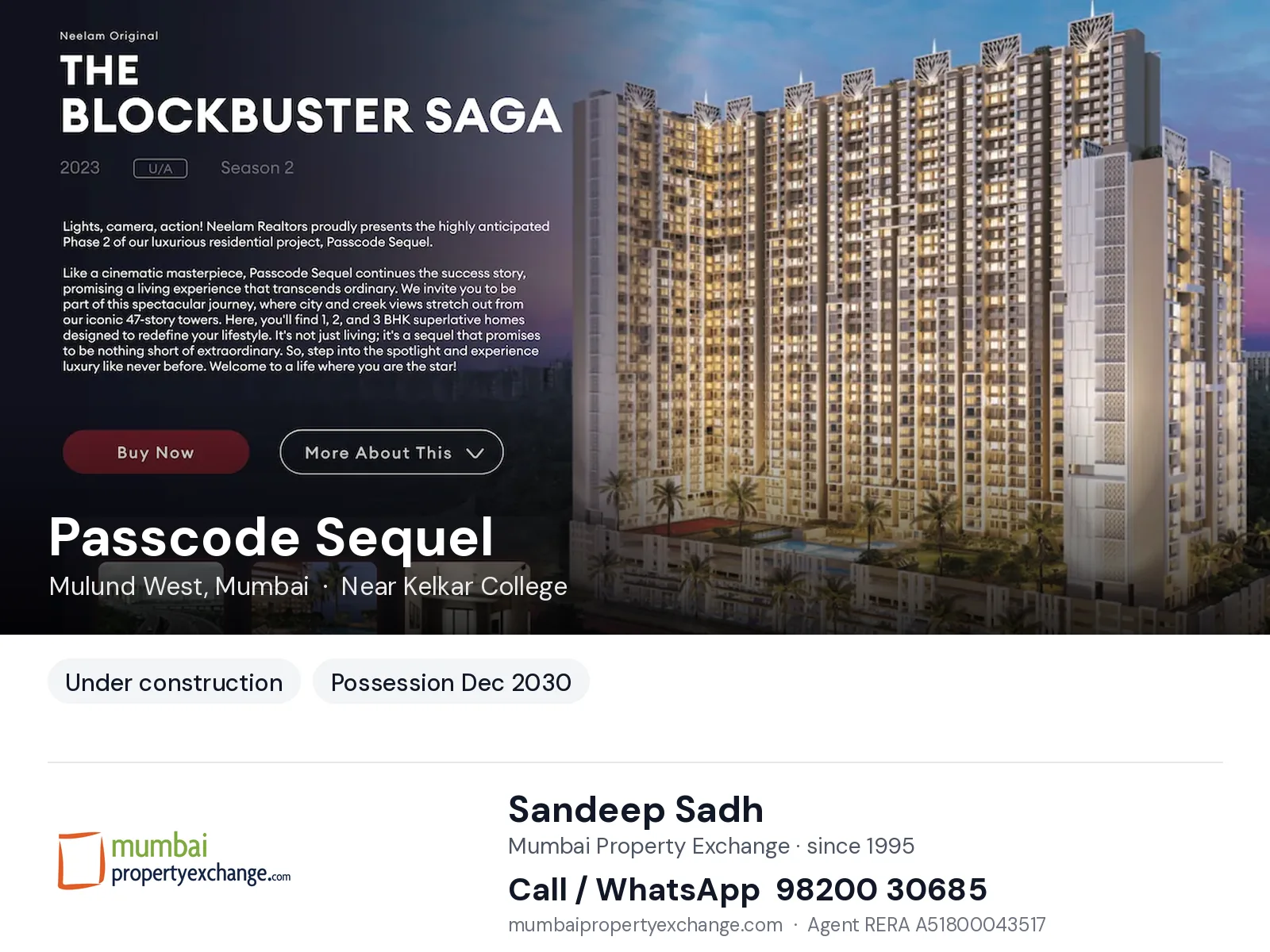 Passcode Sequel by Neelam, Mulund West, Mumbai — new project, possession Dec 2030 | Mumbai Property Exchange, Sandeep Sadh 98200 30685