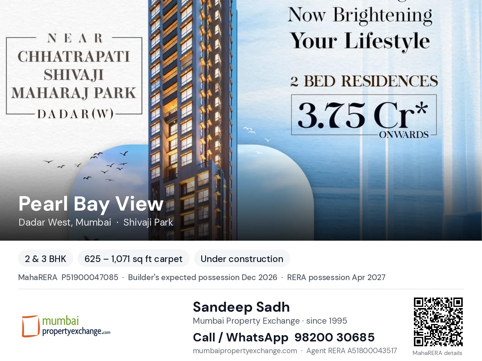 Pearl Bay View, Dadar West, Mumbai — 2 & 3 BHK new project, builder's expected possession Dec 2026, RERA possession Apr 2027 | Mumbai Property Exchange, Sandeep Sadh 98200 30685