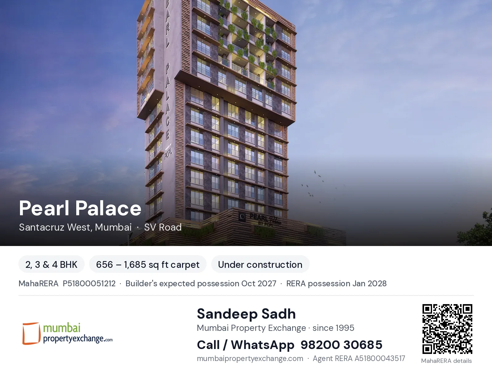Pearl Palace by PCPL, Santacruz West, Mumbai — 2, 3 & 4 BHK new project, builder's expected possession Oct 2027, RERA possession Jan 2028 | Mumbai Property Exchange, Sandeep Sadh 98200 30685