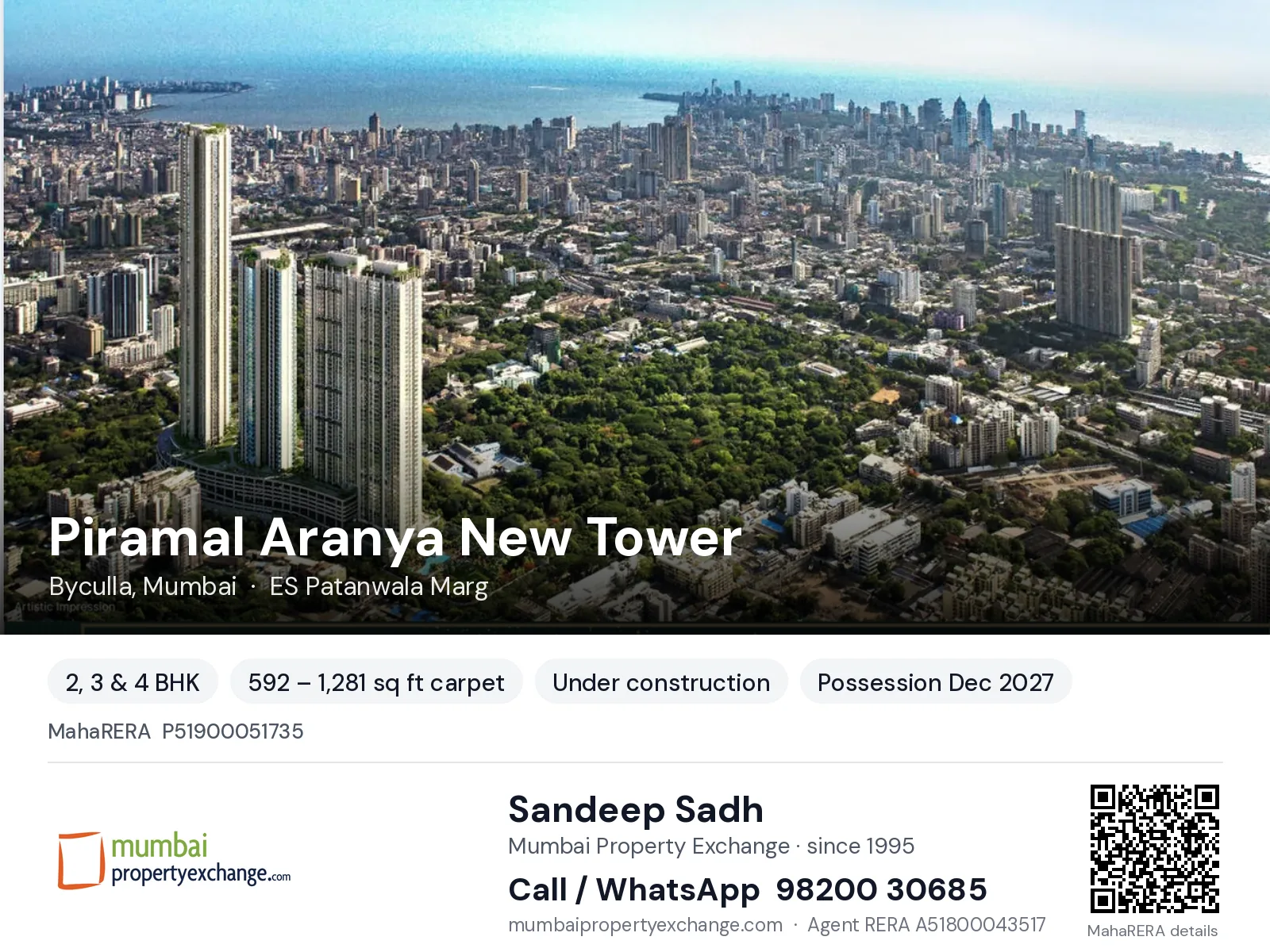 Piramal Aranya New Tower, Byculla, Mumbai — 2, 3 & 4 BHK new project, possession Dec 2027 | Mumbai Property Exchange, Sandeep Sadh 98200 30685