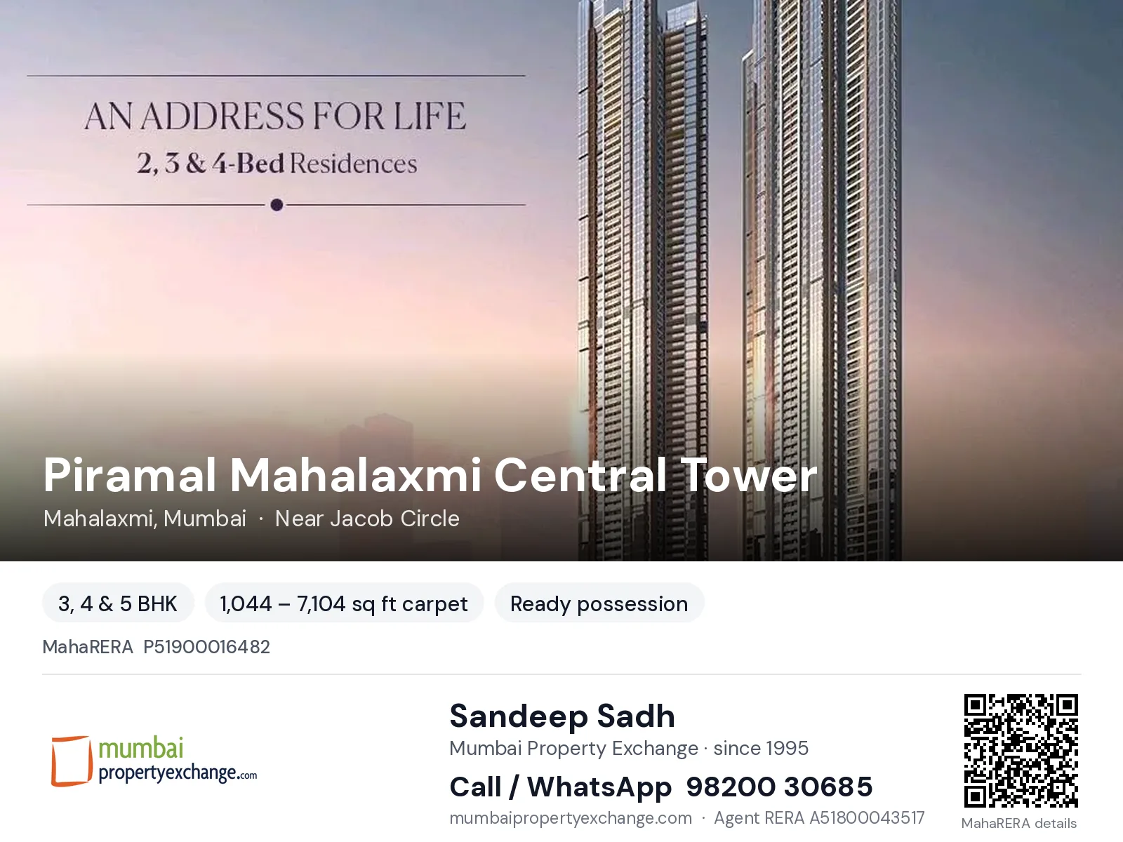 Piramal Mahalaxmi Central Tower, Mahalaxmi, Mumbai — 3, 4 & 5 BHK ready-to-move project | Mumbai Property Exchange, Sandeep Sadh 98200 30685