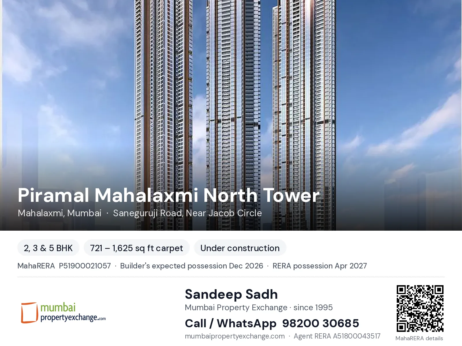 Piramal Mahalaxmi North Tower, Mahalaxmi, Mumbai — 2, 3 & 5 BHK new project, builder's expected possession Dec 2026, RERA possession Apr 2027 | Mumbai Property Exchange, Sandeep Sadh 98200 30685