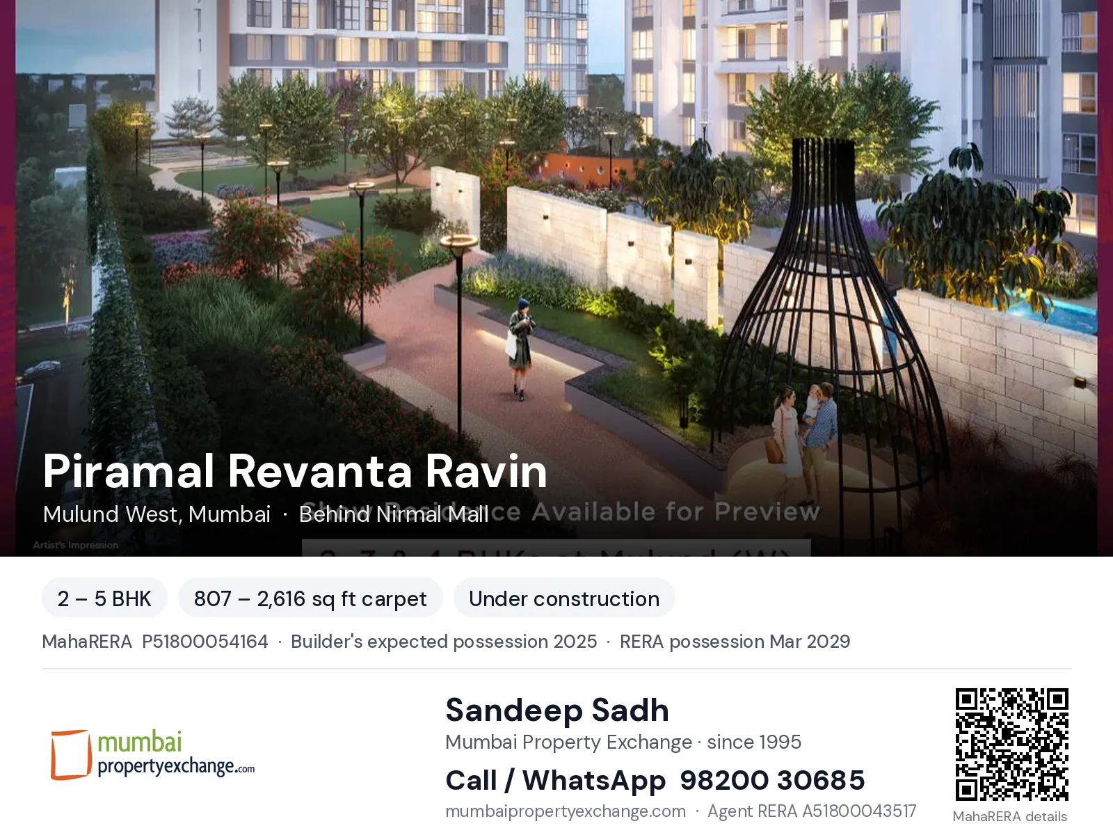 Piramal Revanta Ravin, Mulund West, Mumbai — 2 – 5 BHK new project, builder's expected possession 2025, RERA possession Mar 2029 | Mumbai Property Exchange, Sandeep Sadh 98200 30685