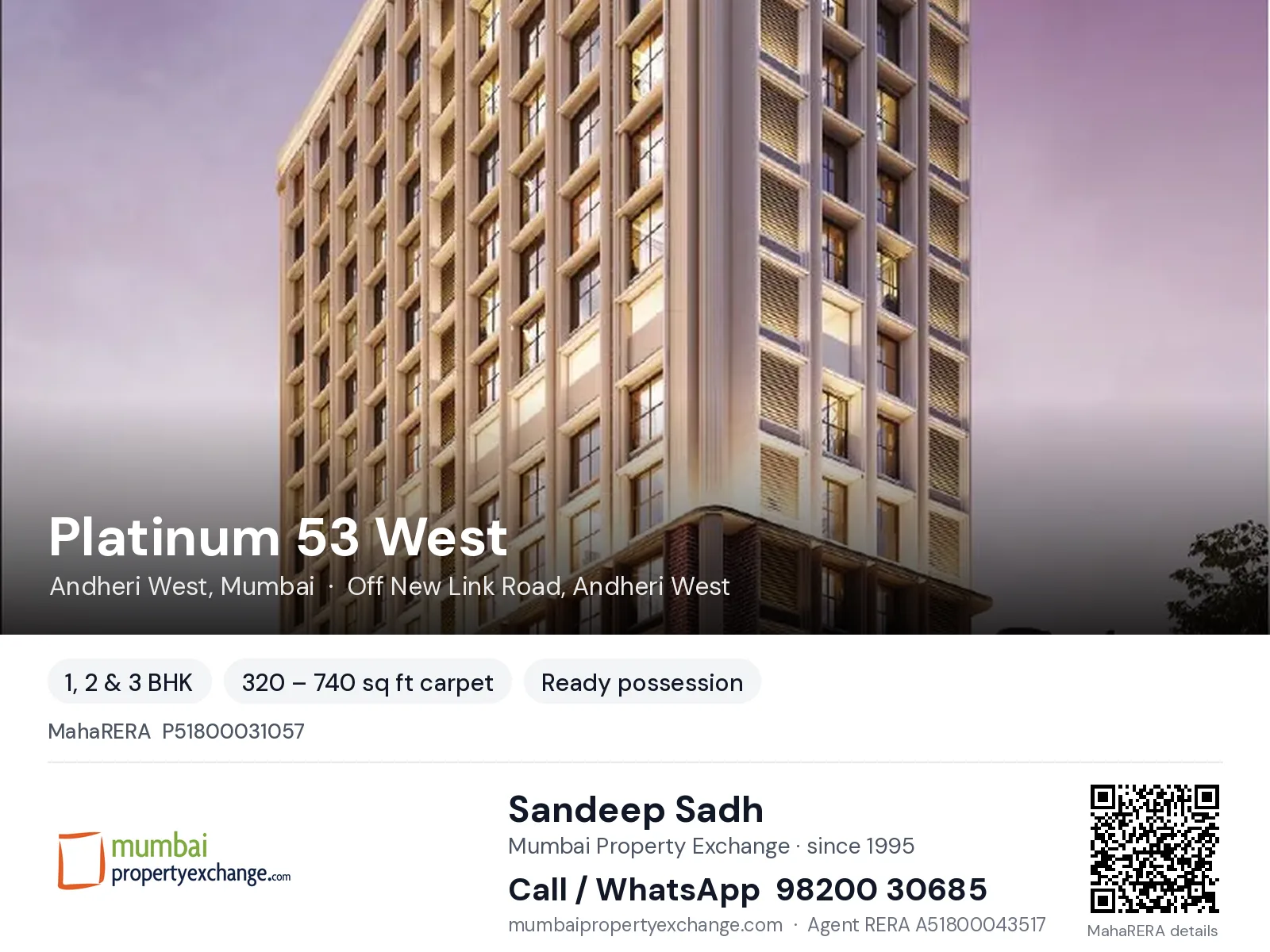 Platinum 53 West, Andheri West, Mumbai — 1, 2 & 3 BHK ready-to-move project | Mumbai Property Exchange, Sandeep Sadh 98200 30685