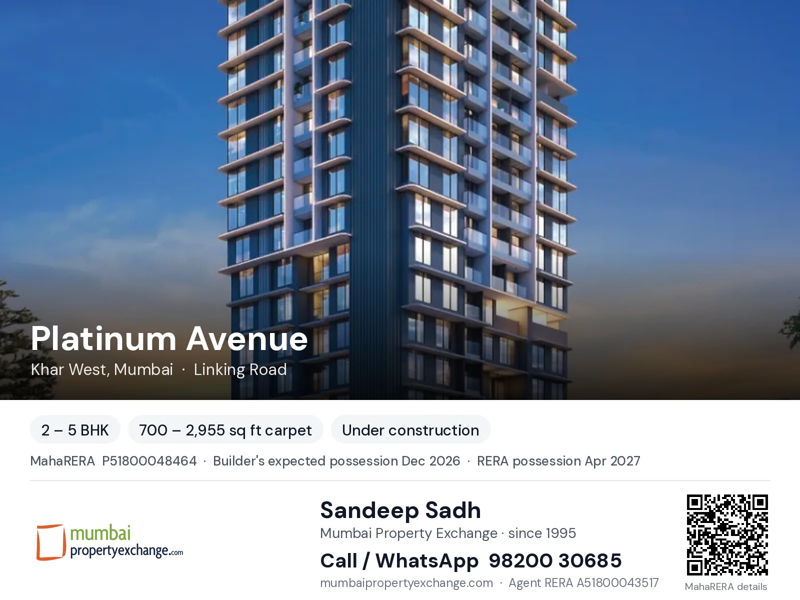 Platinum Avenue, Khar West, Mumbai — 2 – 5 BHK new project, builder's expected possession Dec 2026, RERA possession Apr 2027 | Mumbai Property Exchange, Sandeep Sadh 98200 30685
