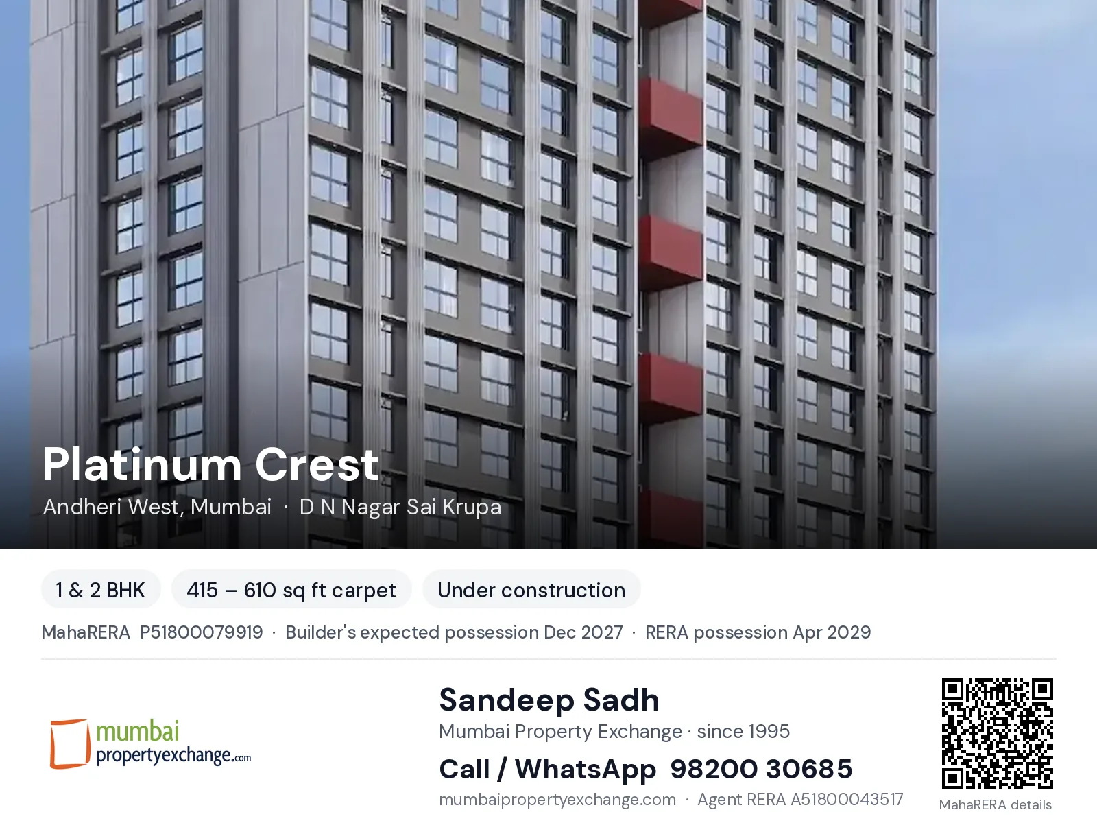 Platinum Crest, Andheri West, Mumbai — 1 & 2 BHK new project, builder's expected possession Dec 2027, RERA possession Apr 2029 | Mumbai Property Exchange, Sandeep Sadh 98200 30685