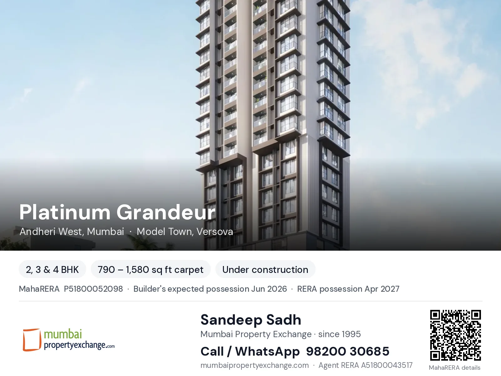 Platinum Grandeur, Andheri West, Mumbai — 2, 3 & 4 BHK new project, builder's expected possession Jun 2026, RERA possession Apr 2027 | Mumbai Property Exchange, Sandeep Sadh 98200 30685