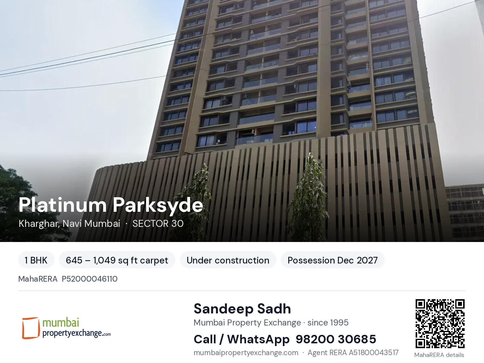 Platinum Parksyde, Kharghar, Navi Mumbai — 1 BHK new project, possession Dec 2027 | Mumbai Property Exchange, Sandeep Sadh 98200 30685