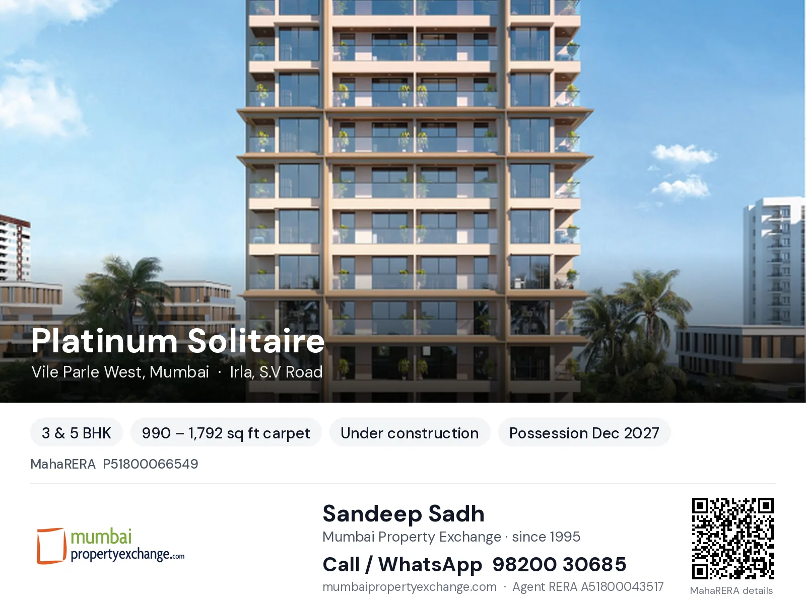 Platinum Solitaire, Vile Parle West, Mumbai — 3 & 5 BHK new project, possession Dec 2027 | Mumbai Property Exchange, Sandeep Sadh 98200 30685