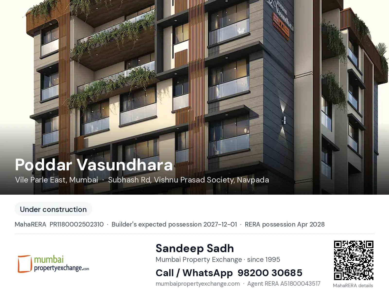 Poddar Vasundhara, Vile Parle East, Mumbai — new project, builder's expected possession 2027-12-01, RERA possession Apr 2028 | Mumbai Property Exchange, Sandeep Sadh 98200 30685