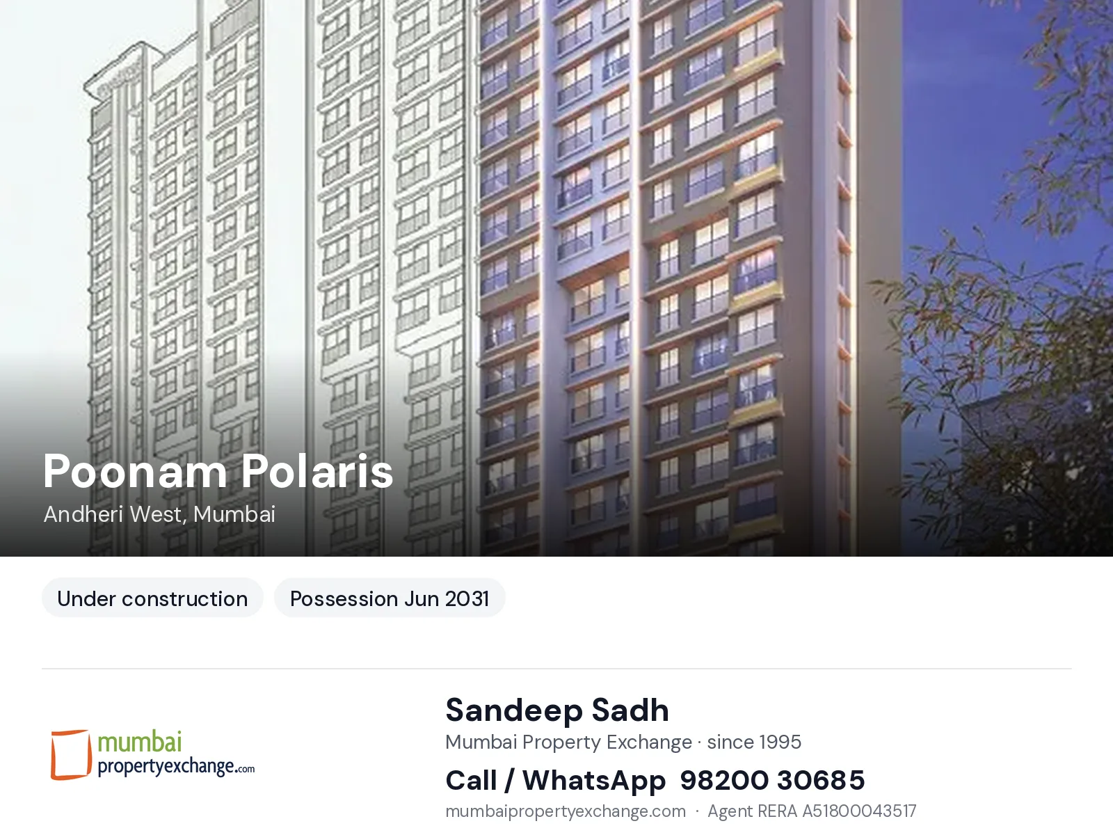 Poonam Polaris, Andheri West, Mumbai — new project, possession Jun 2031 | Mumbai Property Exchange, Sandeep Sadh 98200 30685