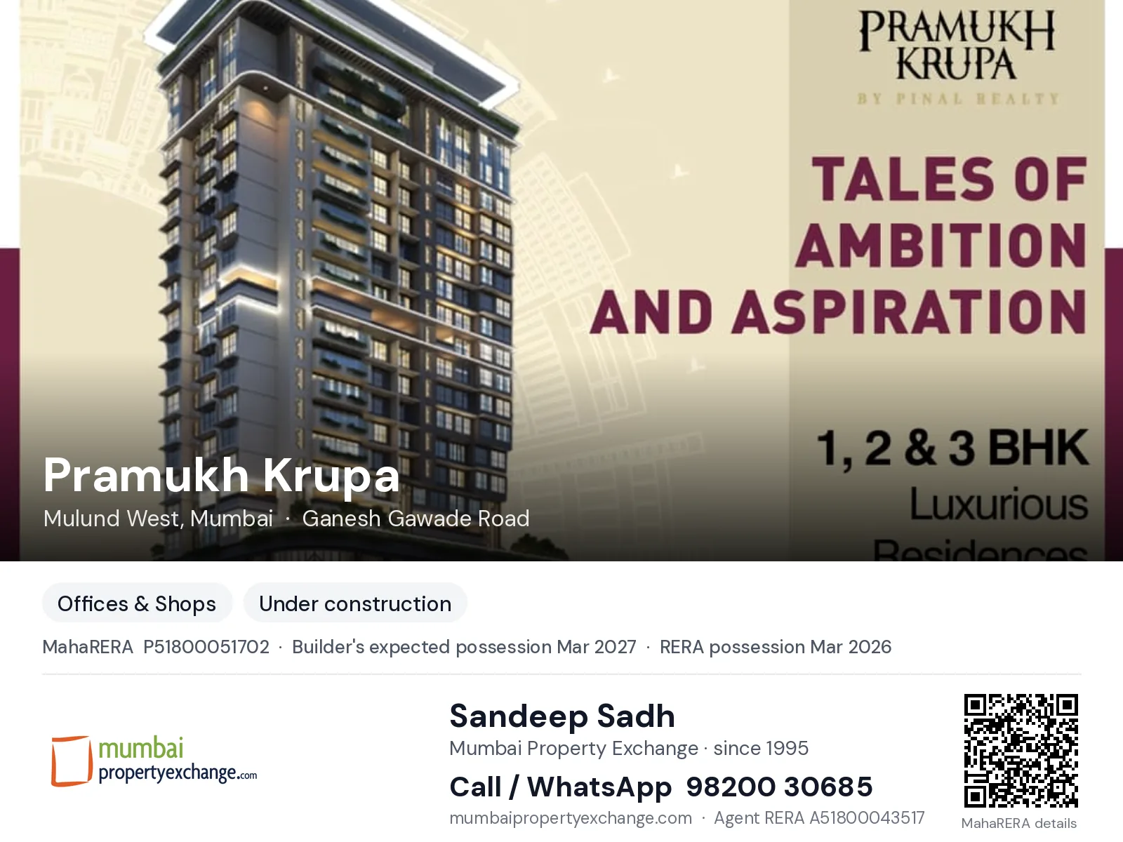 Pramukh Krupa by Pinal, Mulund West, Mumbai — new project, builder's expected possession Mar 2027, RERA possession Mar 2026 | Mumbai Property Exchange, Sandeep Sadh 98200 30685