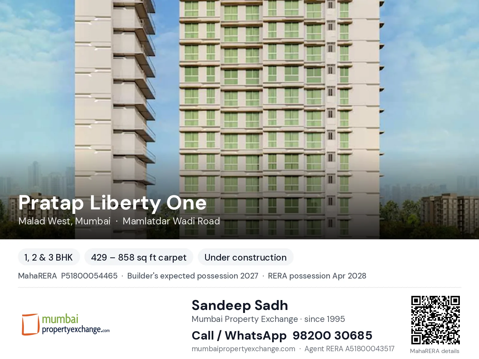 Pratap Liberty One by JPV, Malad West, Mumbai — 1, 2 & 3 BHK new project, builder's expected possession 2027, RERA possession Apr 2028 | Mumbai Property Exchange, Sandeep Sadh 98200 30685