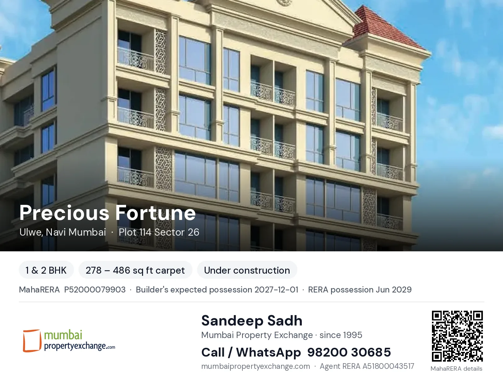 Precious Fortune, Ulwe, Navi Mumbai — 1 & 2 BHK new project, builder's expected possession 2027-12-01, RERA possession Jun 2029 | Mumbai Property Exchange, Sandeep Sadh 98200 30685