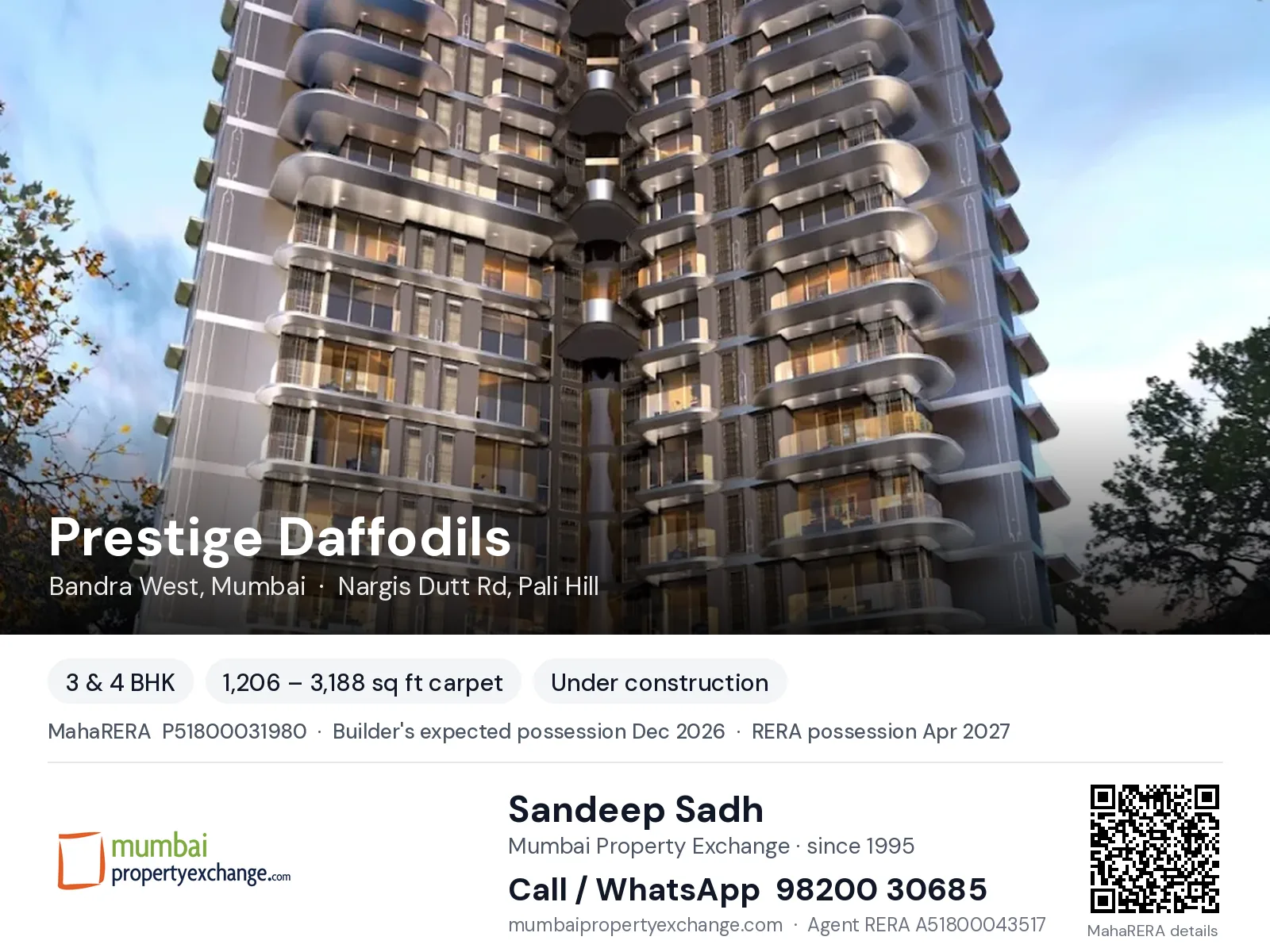 Prestige Daffodils, Bandra West, Mumbai — 3 & 4 BHK new project, builder's expected possession Dec 2026, RERA possession Apr 2027 | Mumbai Property Exchange, Sandeep Sadh 98200 30685