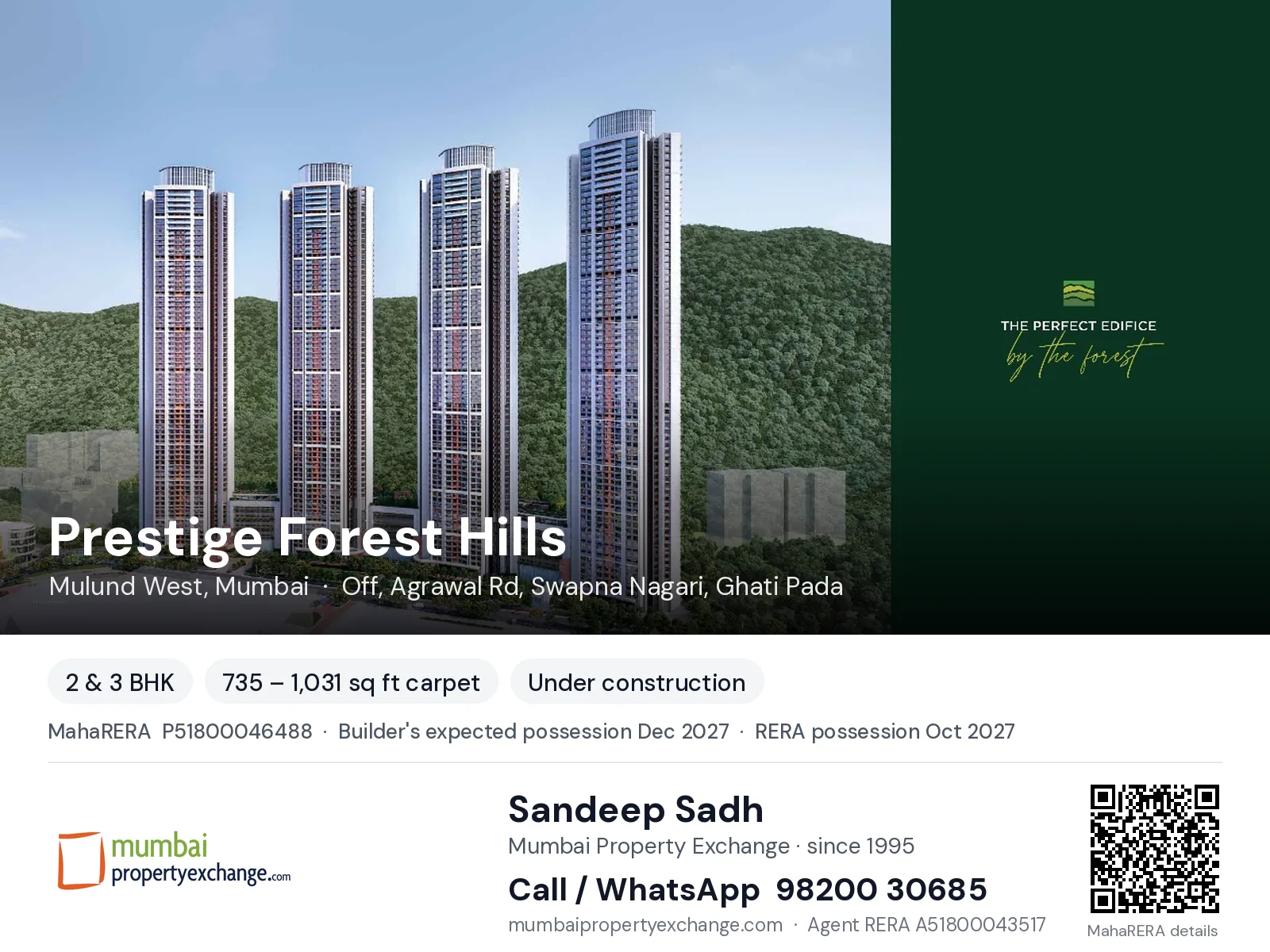 Prestige Forest Hills, Mulund West, Mumbai — 2 & 3 BHK new project, builder's expected possession Dec 2027, RERA possession Oct 2027 | Mumbai Property Exchange, Sandeep Sadh 98200 30685