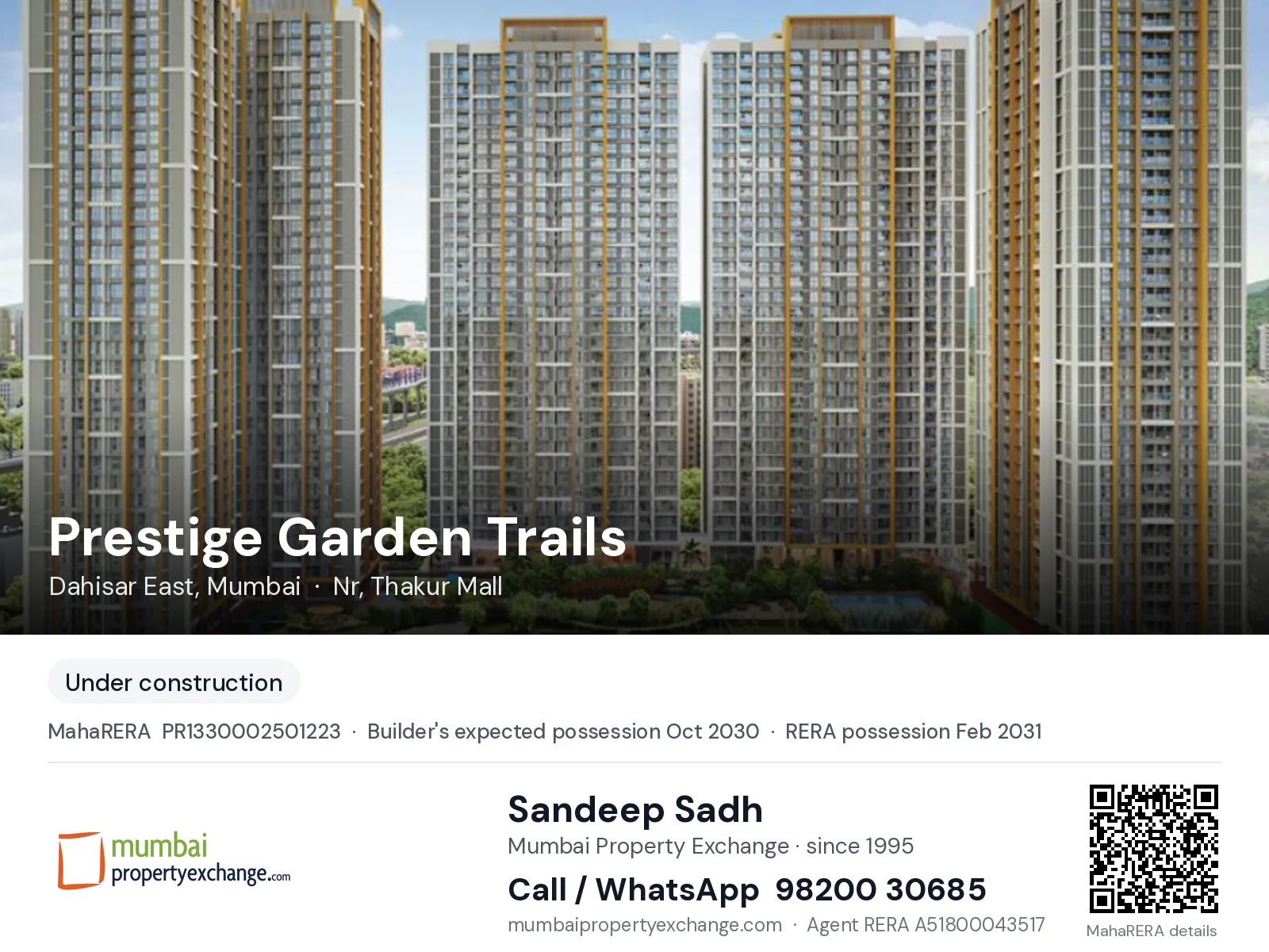Prestige Garden Trails, Dahisar East, Mumbai — new project, builder's expected possession Oct 2030, RERA possession Feb 2031 | Mumbai Property Exchange, Sandeep Sadh 98200 30685
