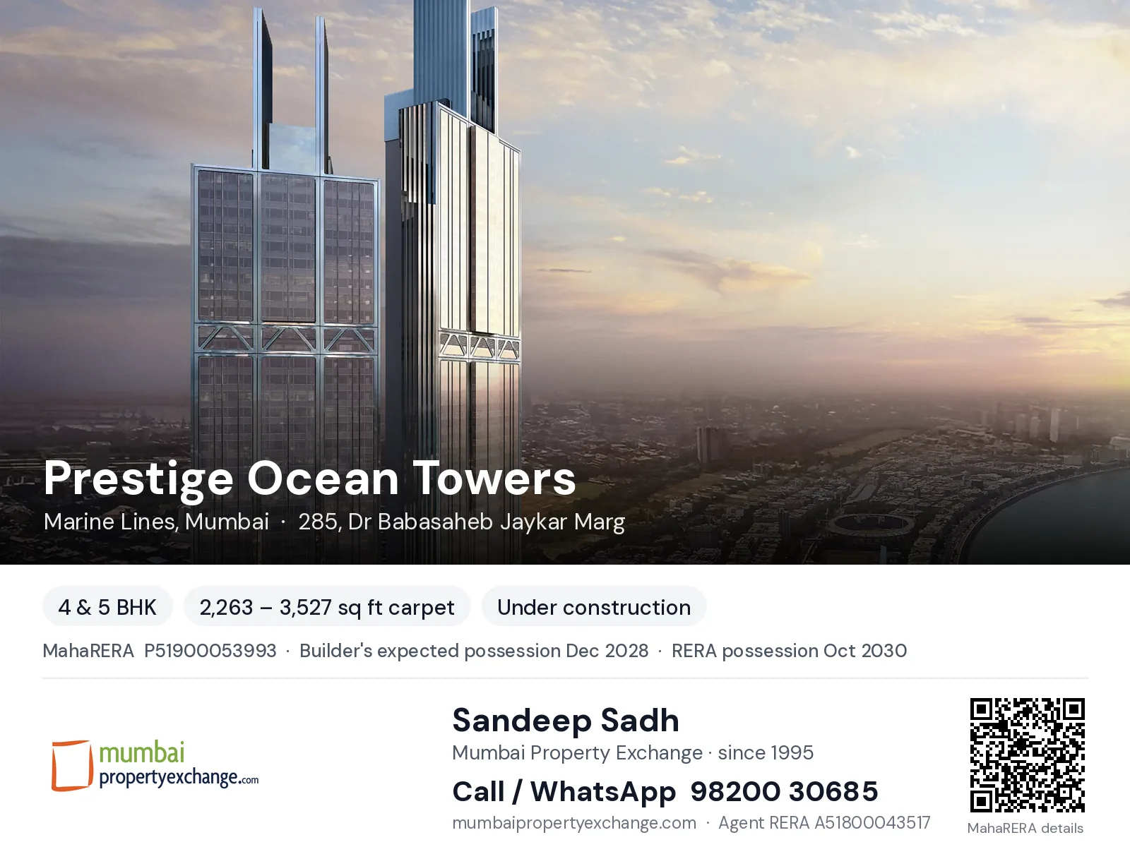 Prestige Ocean Towers, Marine Lines, Mumbai — 4 & 5 BHK new project, builder's expected possession Dec 2028, RERA possession Oct 2030 | Mumbai Property Exchange, Sandeep Sadh 98200 30685