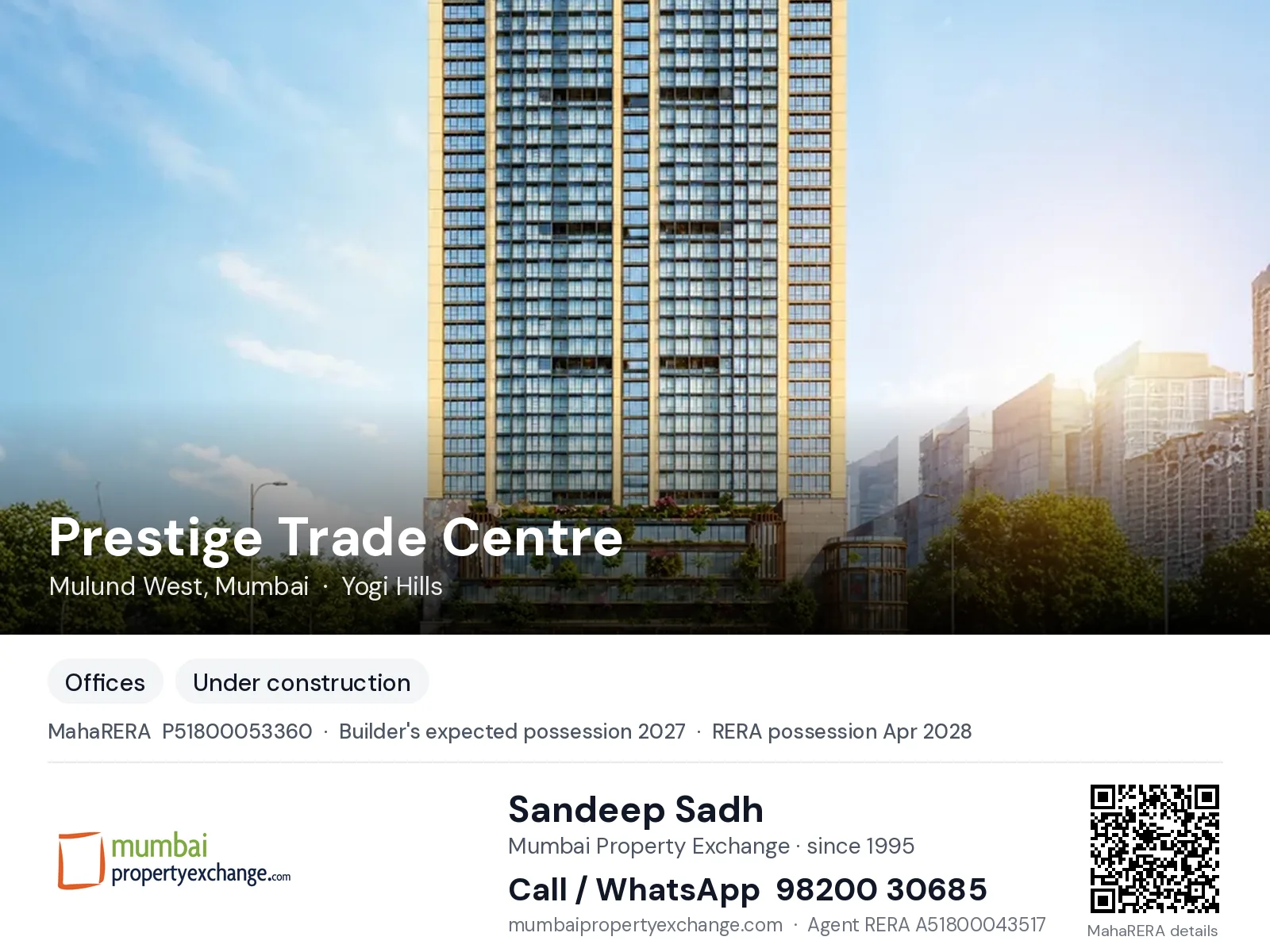 Prestige Trade Centre, Mulund West, Mumbai — new project, builder's expected possession 2027, RERA possession Apr 2028 | Mumbai Property Exchange, Sandeep Sadh 98200 30685