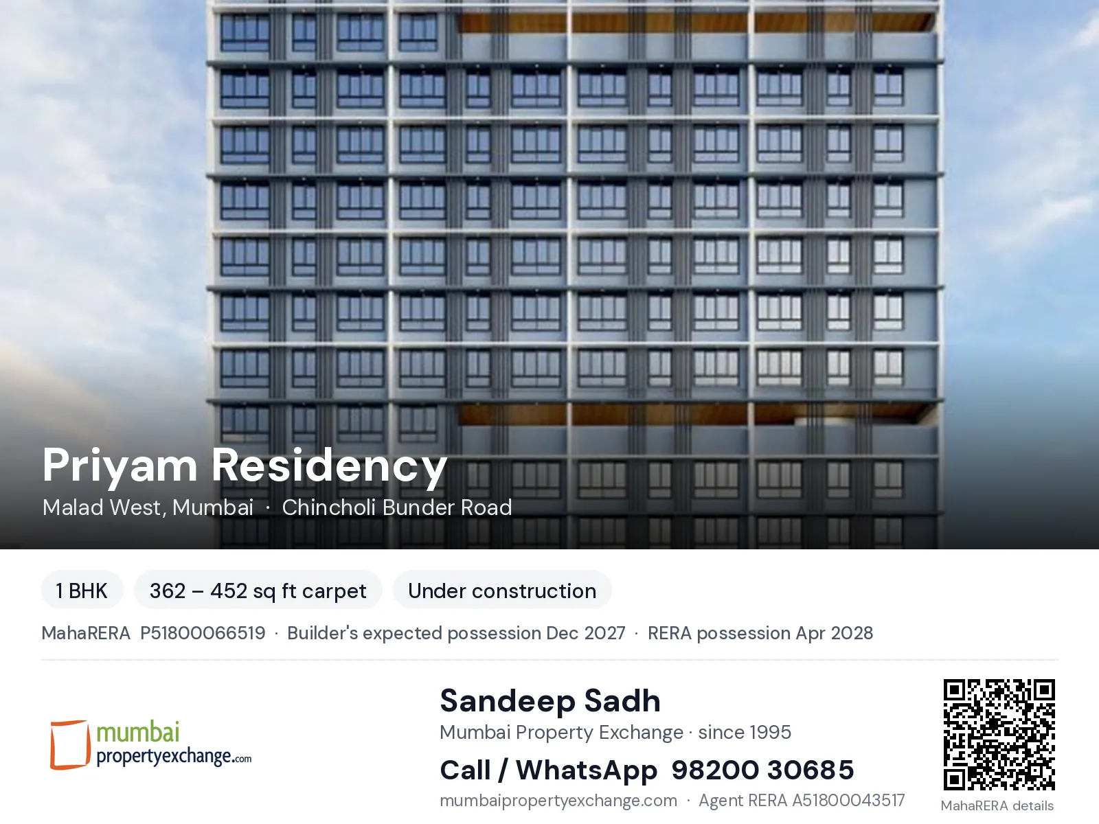 Priyam Residency by AV, Malad West, Mumbai — 1 BHK new project, builder's expected possession Dec 2027, RERA possession Apr 2028 | Mumbai Property Exchange, Sandeep Sadh 98200 30685
