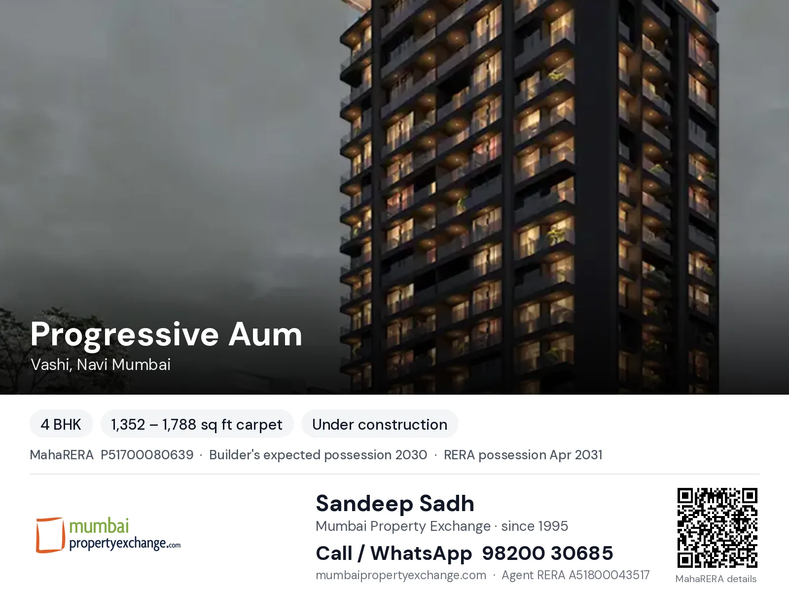 Progressive Aum, Vashi, Navi Mumbai — 4 BHK new project, builder's expected possession 2030, RERA possession Apr 2031 | Mumbai Property Exchange, Sandeep Sadh 98200 30685