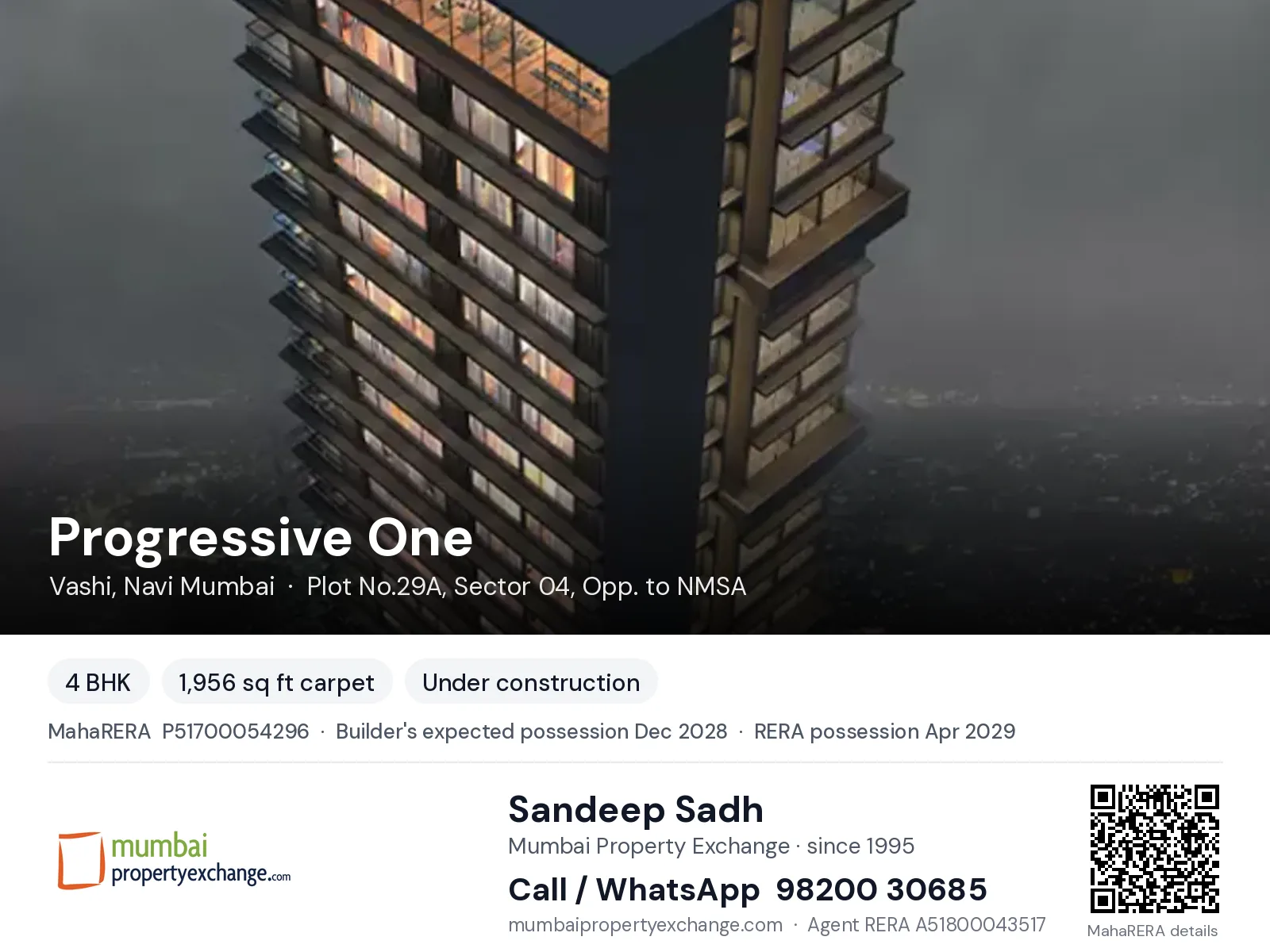Progressive One, Vashi, Navi Mumbai — 4 BHK new project, builder's expected possession Dec 2028, RERA possession Apr 2029 | Mumbai Property Exchange, Sandeep Sadh 98200 30685
