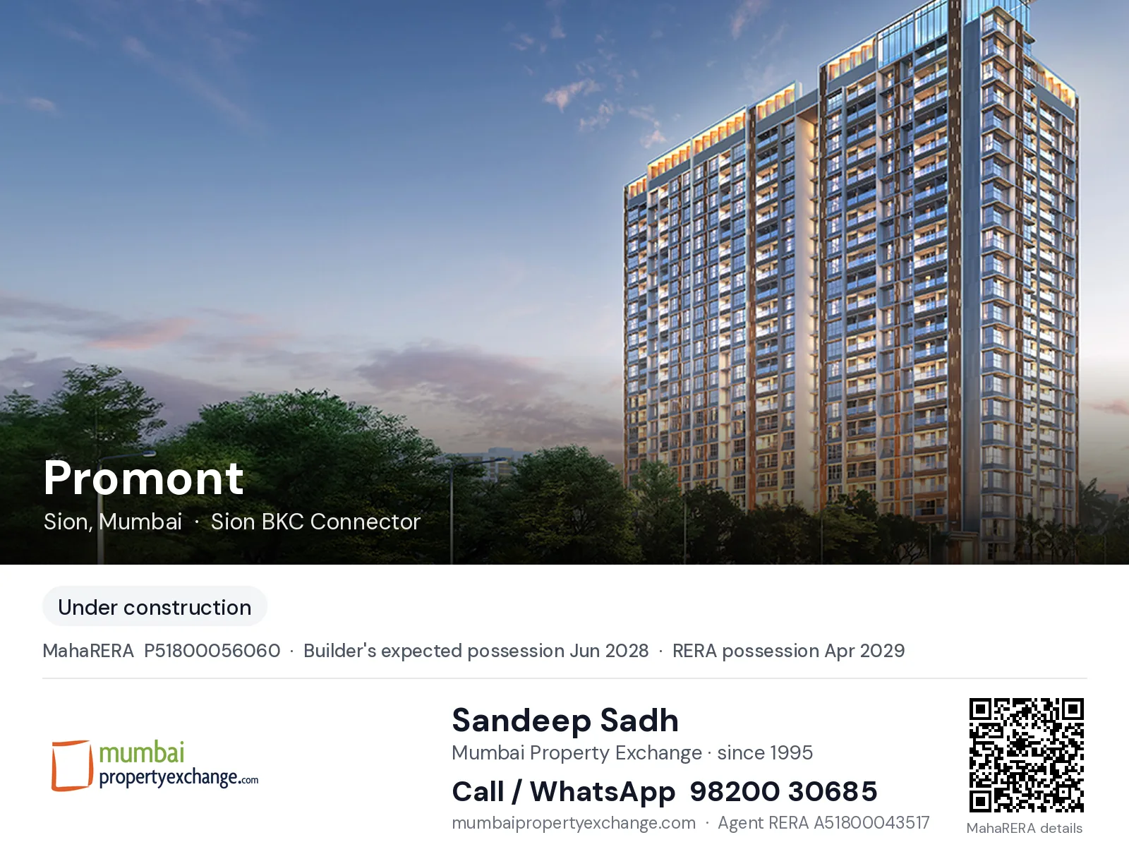 Promont by Sheth, Sion, Mumbai — new project, builder's expected possession Jun 2028, RERA possession Apr 2029 | Mumbai Property Exchange, Sandeep Sadh 98200 30685