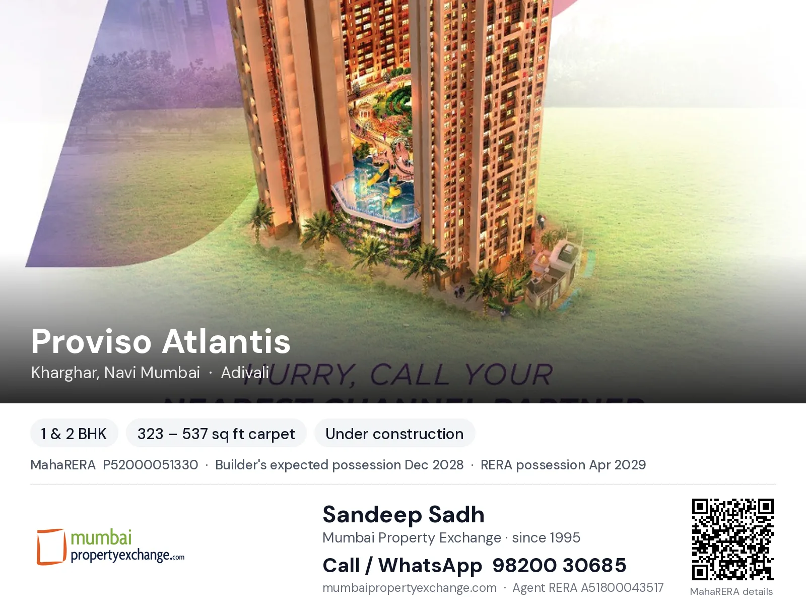 Proviso Atlantis, Kharghar, Navi Mumbai — 1 & 2 BHK new project, builder's expected possession Dec 2028, RERA possession Apr 2029 | Mumbai Property Exchange, Sandeep Sadh 98200 30685
