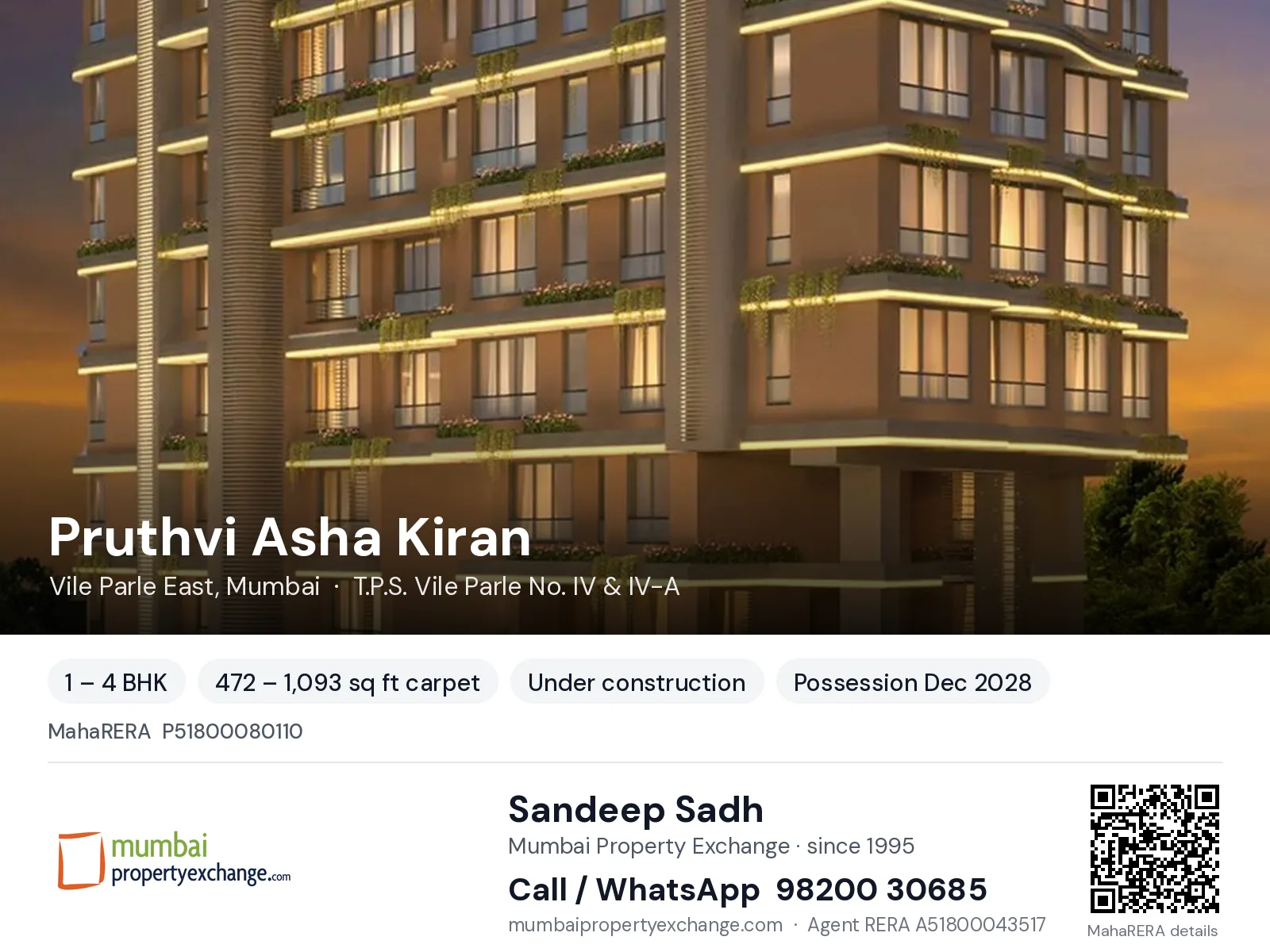 Pruthvi Asha Kiran, Vile Parle East, Mumbai — 1 – 4 BHK new project, possession Dec 2028 | Mumbai Property Exchange, Sandeep Sadh 98200 30685