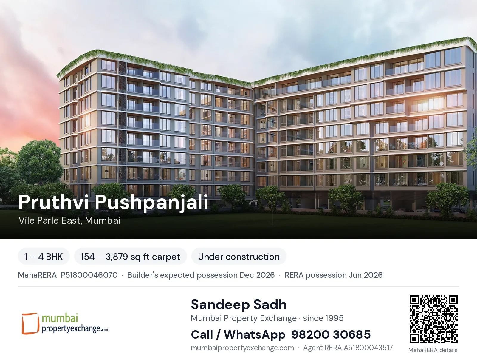 Pruthvi Pushpanjali, Vile Parle East, Mumbai — 1 – 4 BHK new project, builder's expected possession Dec 2026, RERA possession Jun 2026 | Mumbai Property Exchange, Sandeep Sadh 98200 30685