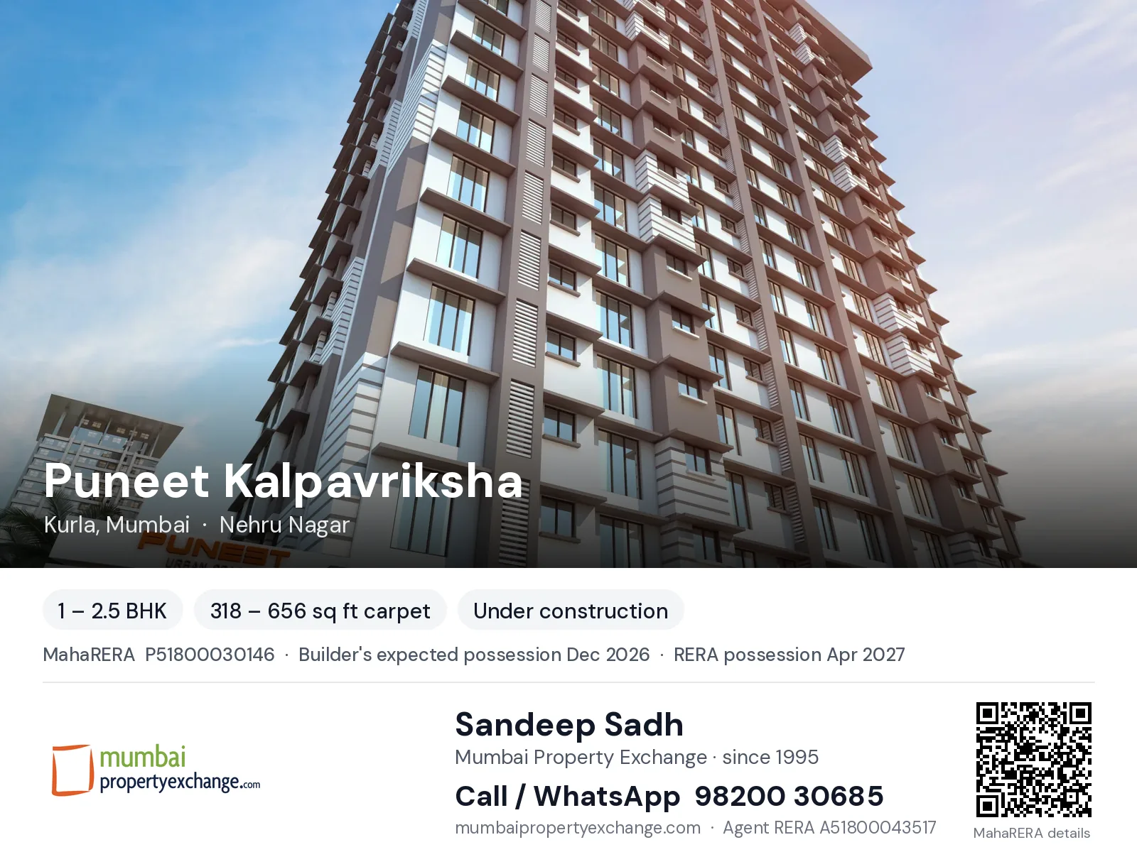 Puneet Kalpavriksha, Kurla, Mumbai — 1 – 2.5 BHK new project, builder's expected possession Dec 2026, RERA possession Apr 2027 | Mumbai Property Exchange, Sandeep Sadh 98200 30685