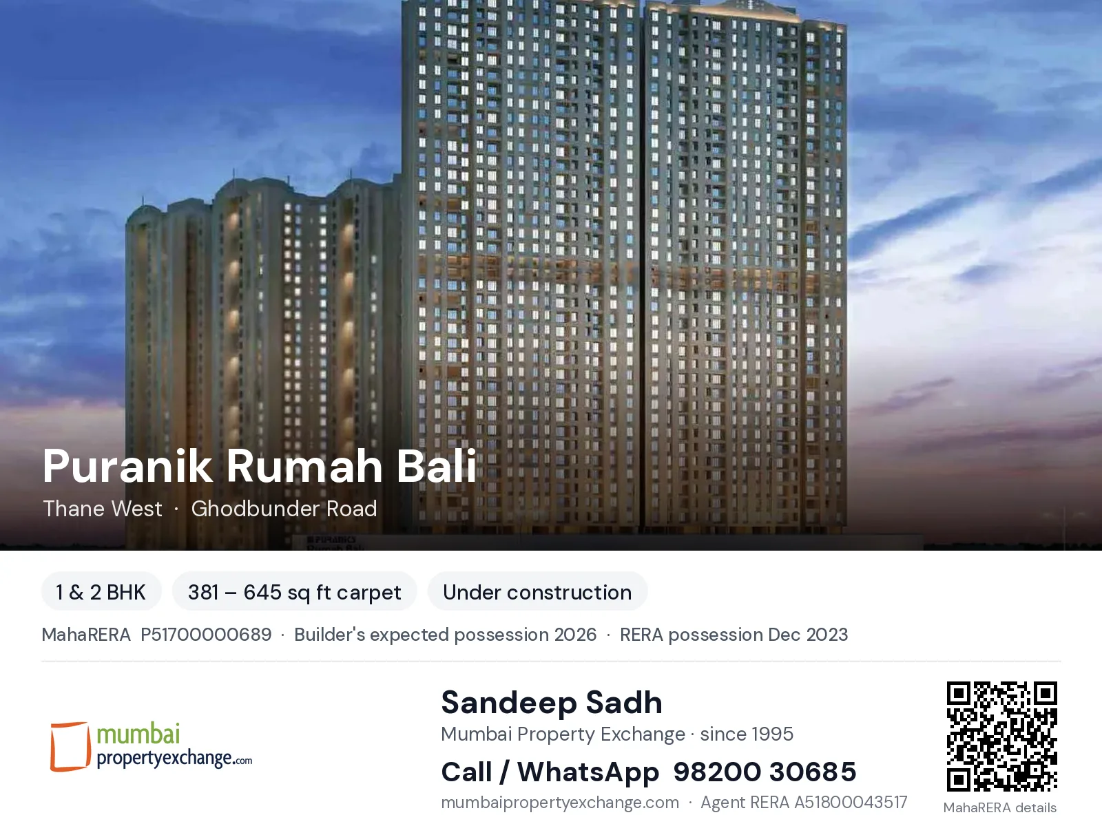 Puranik Rumah Bali, Thane West — 1 & 2 BHK new project, builder's expected possession 2026, RERA possession Dec 2023 | Mumbai Property Exchange, Sandeep Sadh 98200 30685