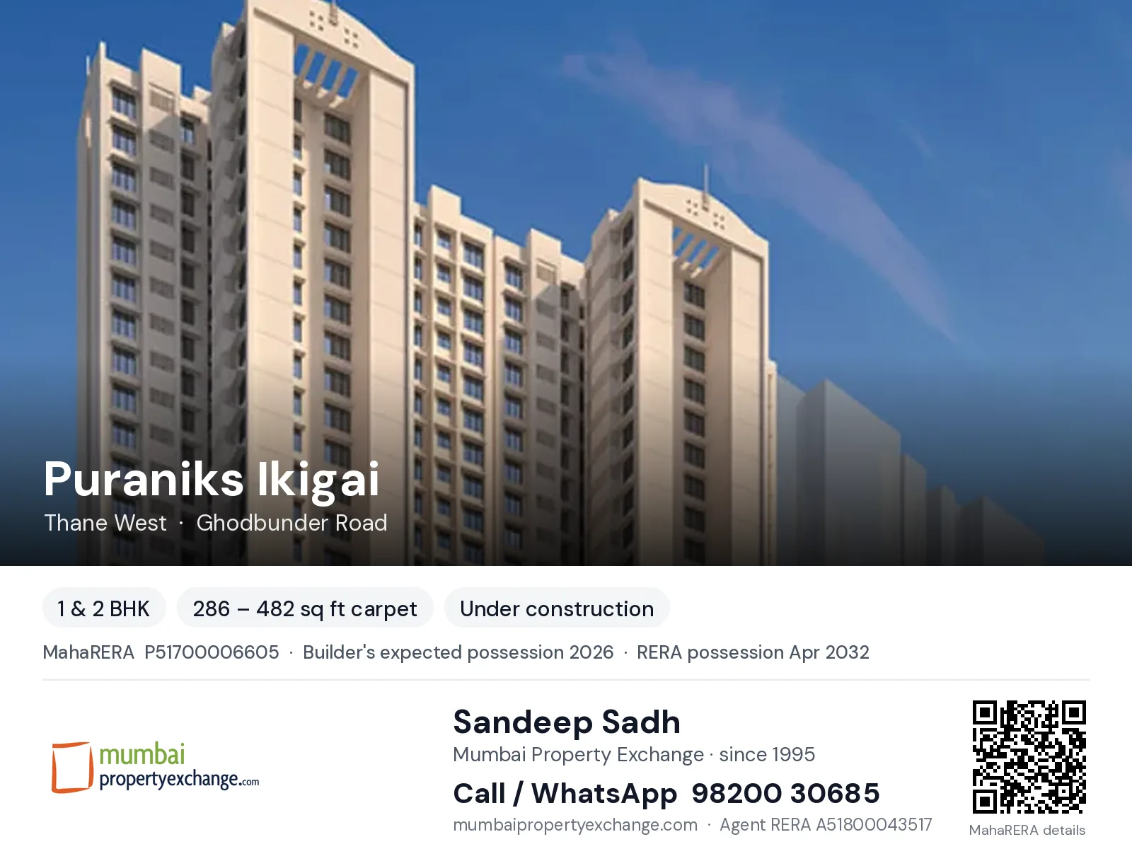 Puraniks Ikigai, Thane West — 1 & 2 BHK new project, builder's expected possession 2026, RERA possession Apr 2032 | Mumbai Property Exchange, Sandeep Sadh 98200 30685