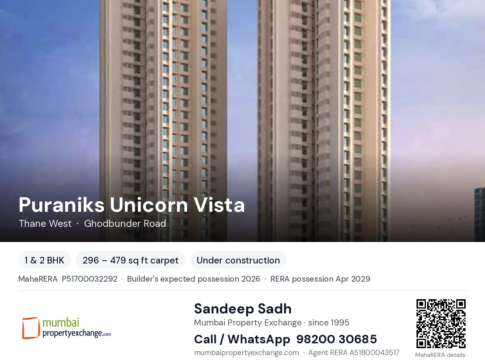 Puraniks Unicorn Vista, Thane West — 1 & 2 BHK new project, builder's expected possession 2026, RERA possession Apr 2029 | Mumbai Property Exchange, Sandeep Sadh 98200 30685