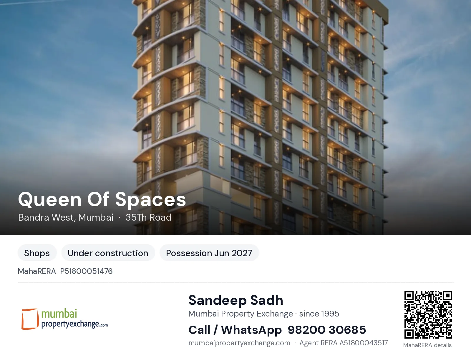 Queen Of Spaces, Bandra West, Mumbai — new project, possession Jun 2027 | Mumbai Property Exchange, Sandeep Sadh 98200 30685
