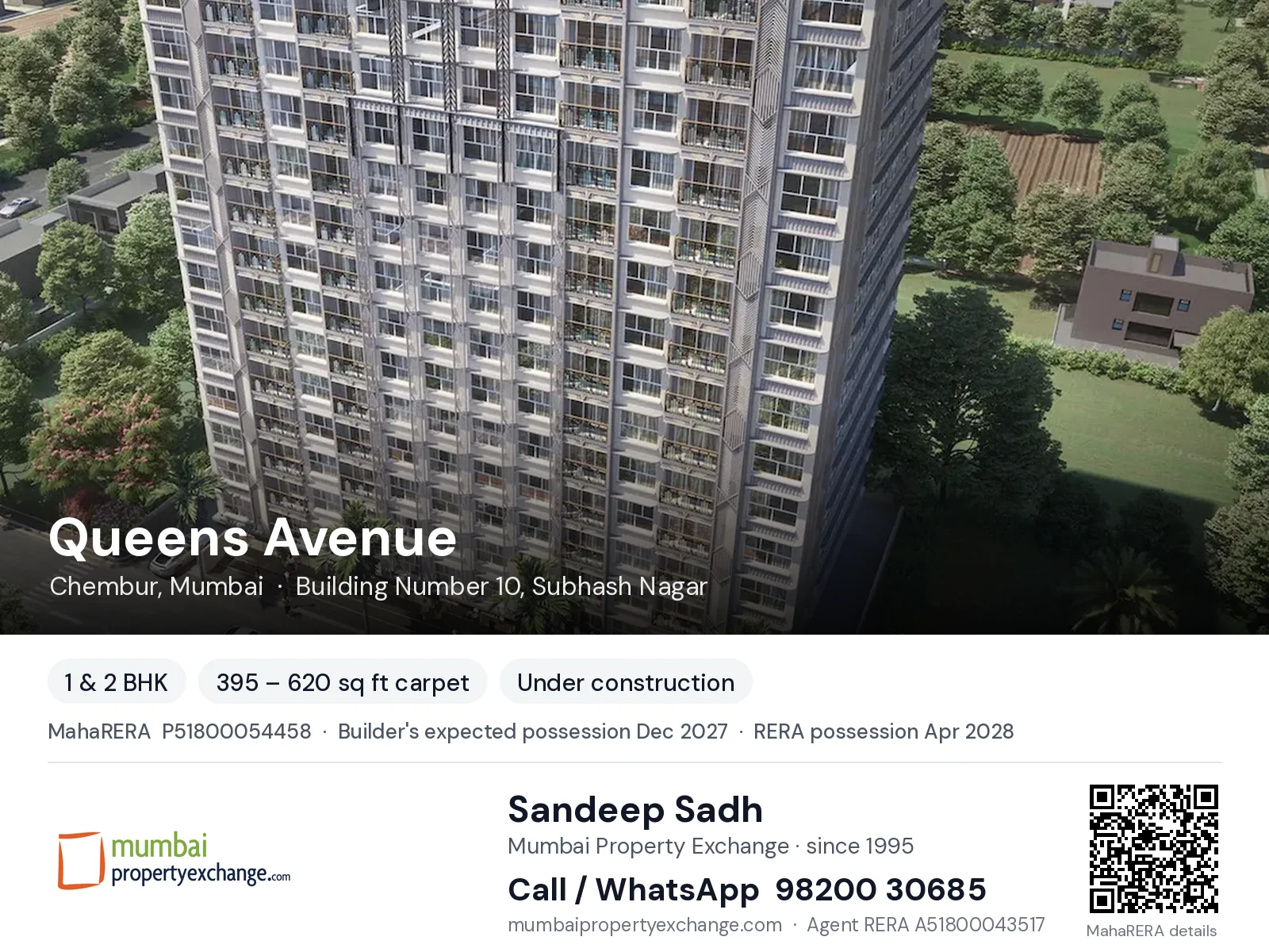 Queens Avenue by Vaibhavlaxmi, Chembur, Mumbai — 1 & 2 BHK new project, builder's expected possession Dec 2027, RERA possession Apr 2028 | Mumbai Property Exchange, Sandeep Sadh 98200 30685