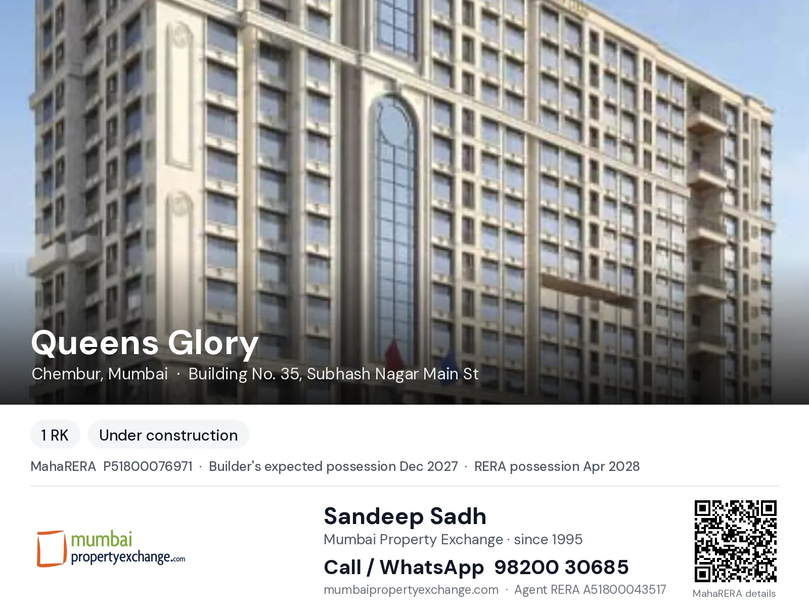Queens Glory by Vaibhavlaxmi, Chembur, Mumbai — new project, builder's expected possession Dec 2027, RERA possession Apr 2028 | Mumbai Property Exchange, Sandeep Sadh 98200 30685