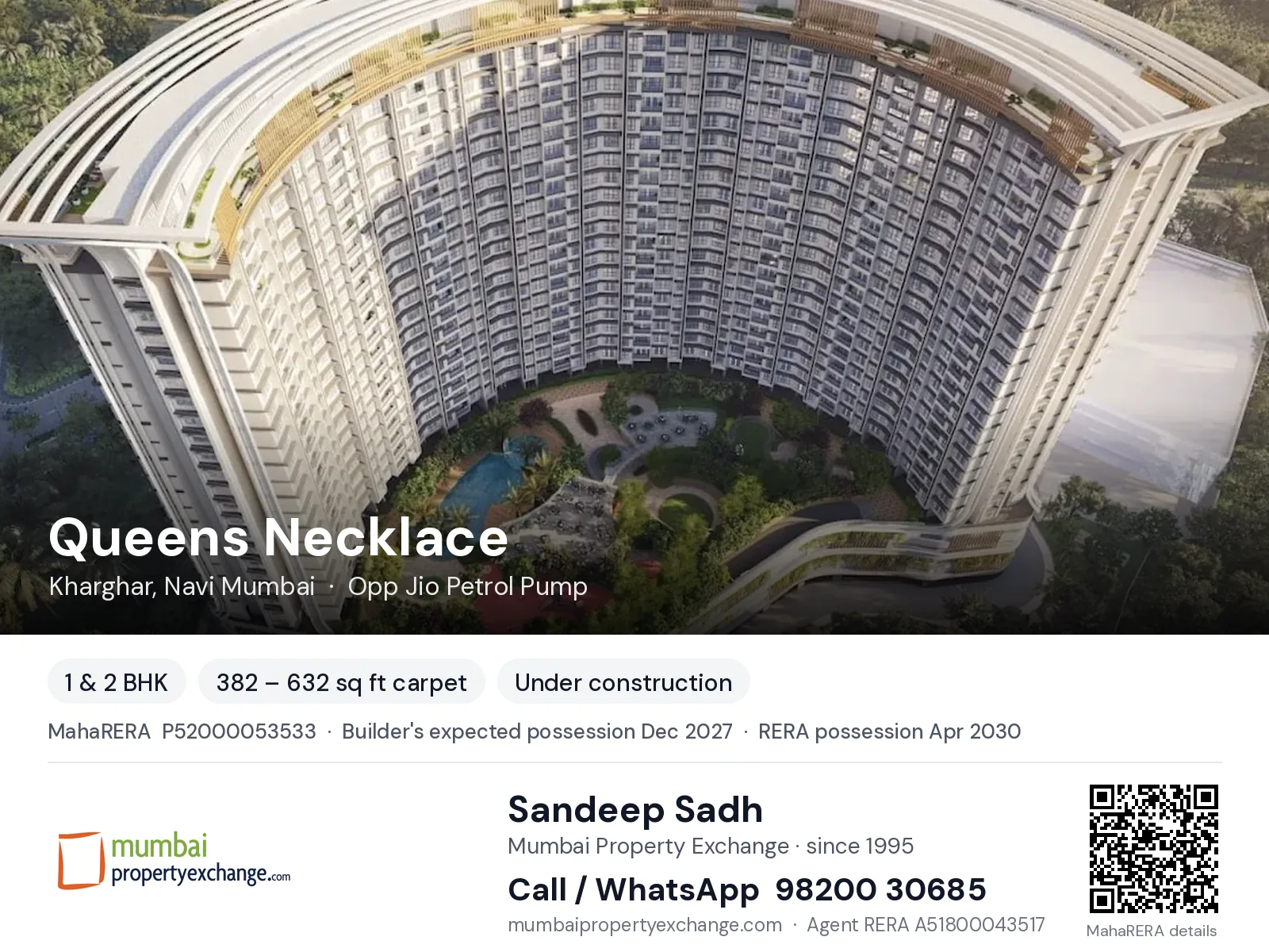 Queens Necklace by Metro, Kharghar, Navi Mumbai — 1 & 2 BHK new project, builder's expected possession Dec 2027, RERA possession Apr 2030 | Mumbai Property Exchange, Sandeep Sadh 98200 30685