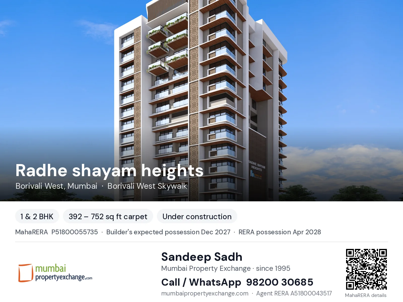 Radhe shayam heights by JSB, Borivali West, Mumbai — 1 & 2 BHK new project, builder's expected possession Dec 2027, RERA possession Apr 2028 | Mumbai Property Exchange, Sandeep Sadh 98200 30685
